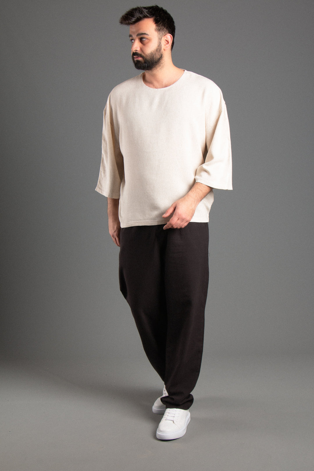 Oversize Fakir Kol Keten T-shirt
