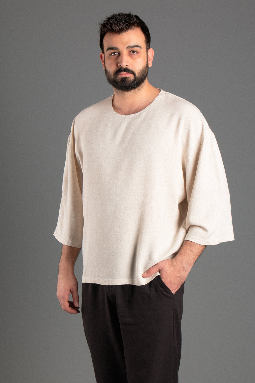 Oversize Fakir Kol Keten T-shirt