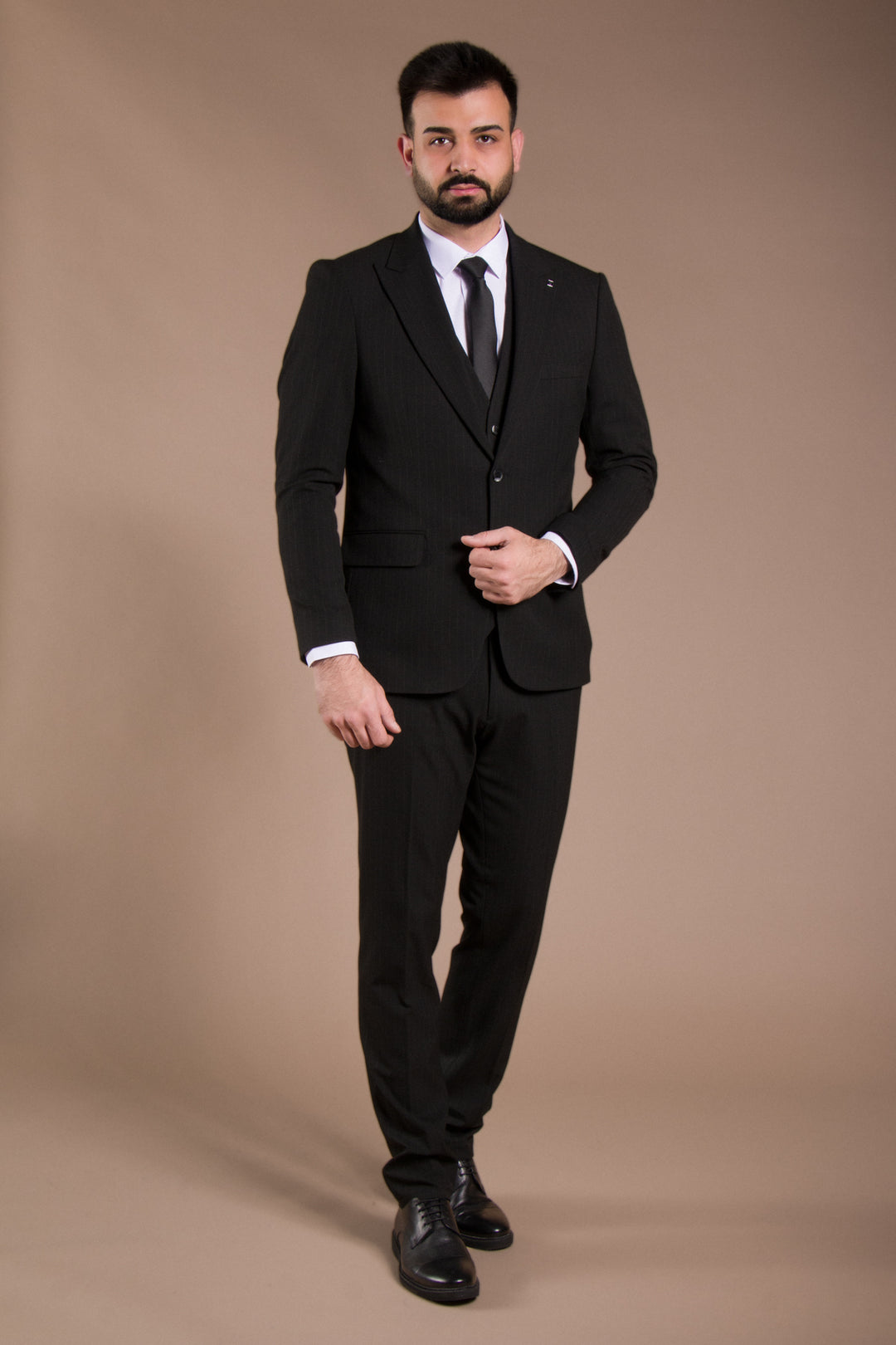 Çizgi Desenli Slim Fit Yelekli Takım Elbise