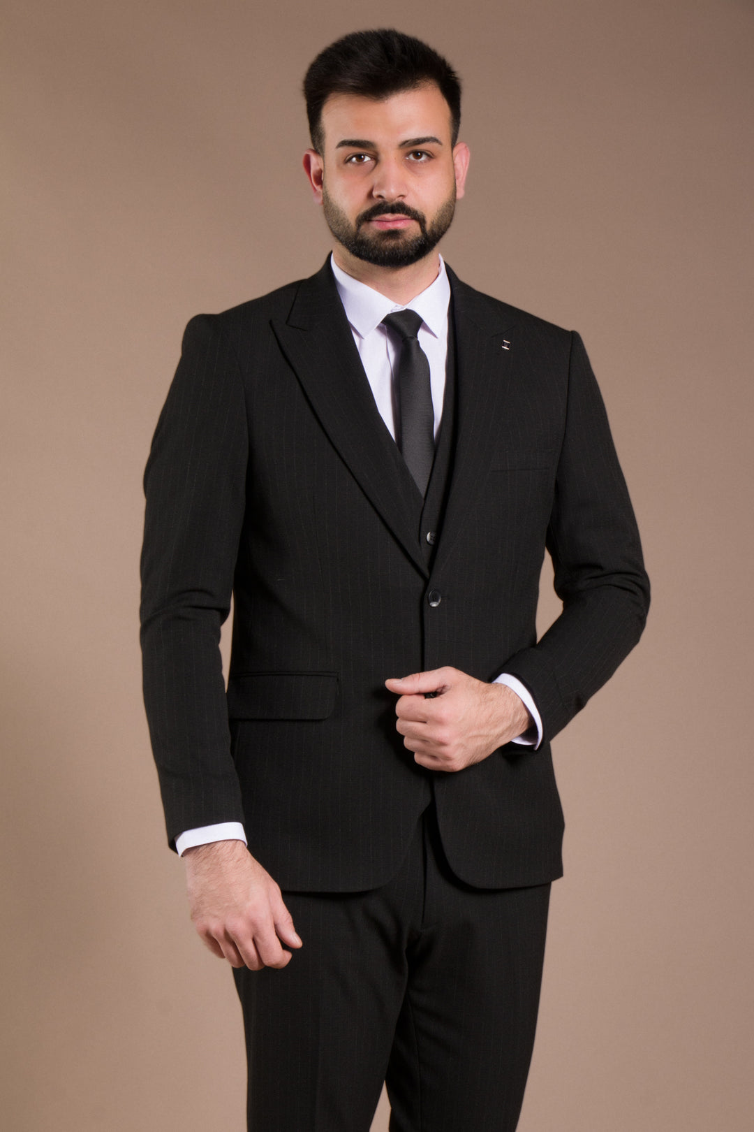 Çizgi Desenli Slim Fit Yelekli Takım Elbise