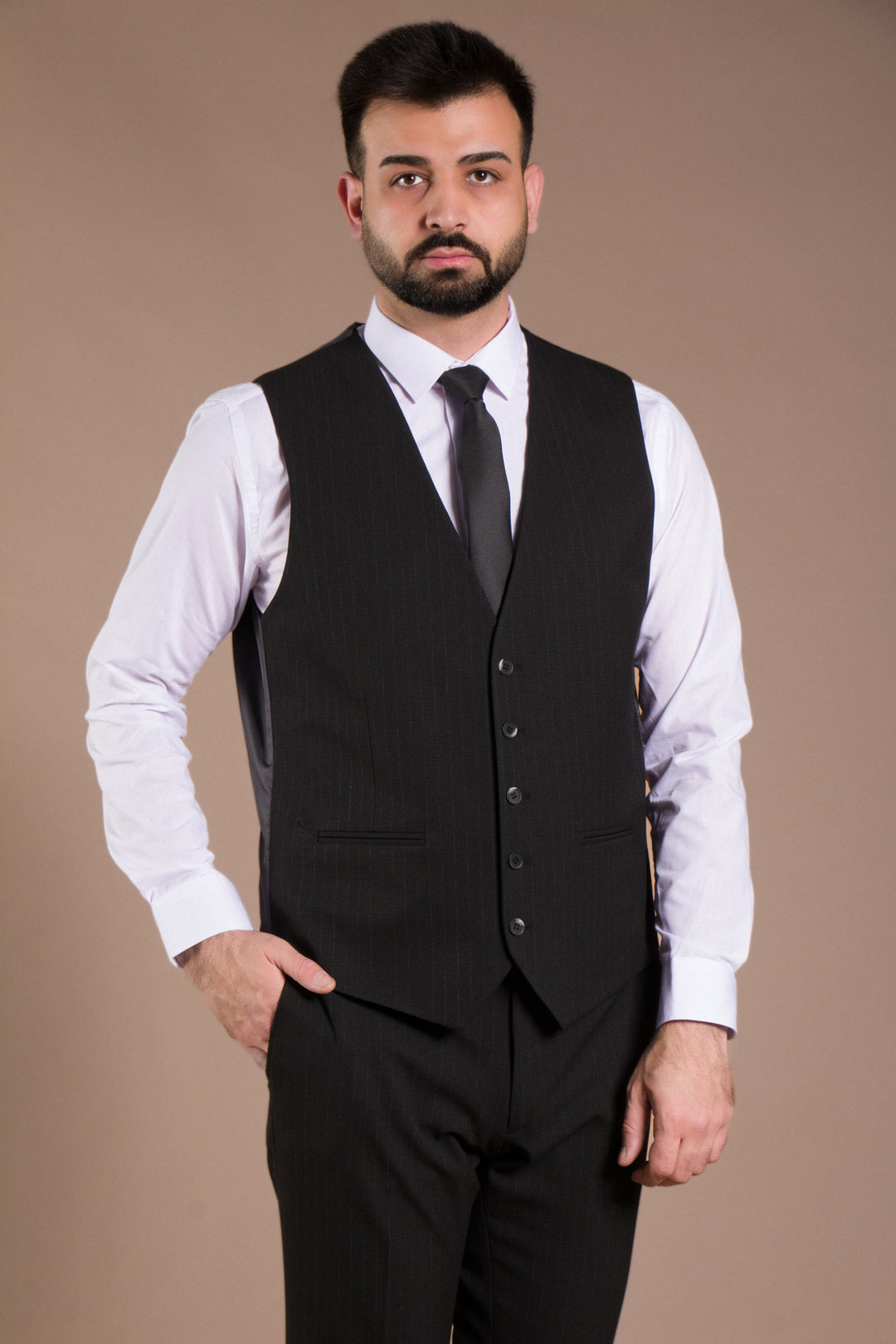 Çizgi Desenli Slim Fit Yelekli Takım Elbise