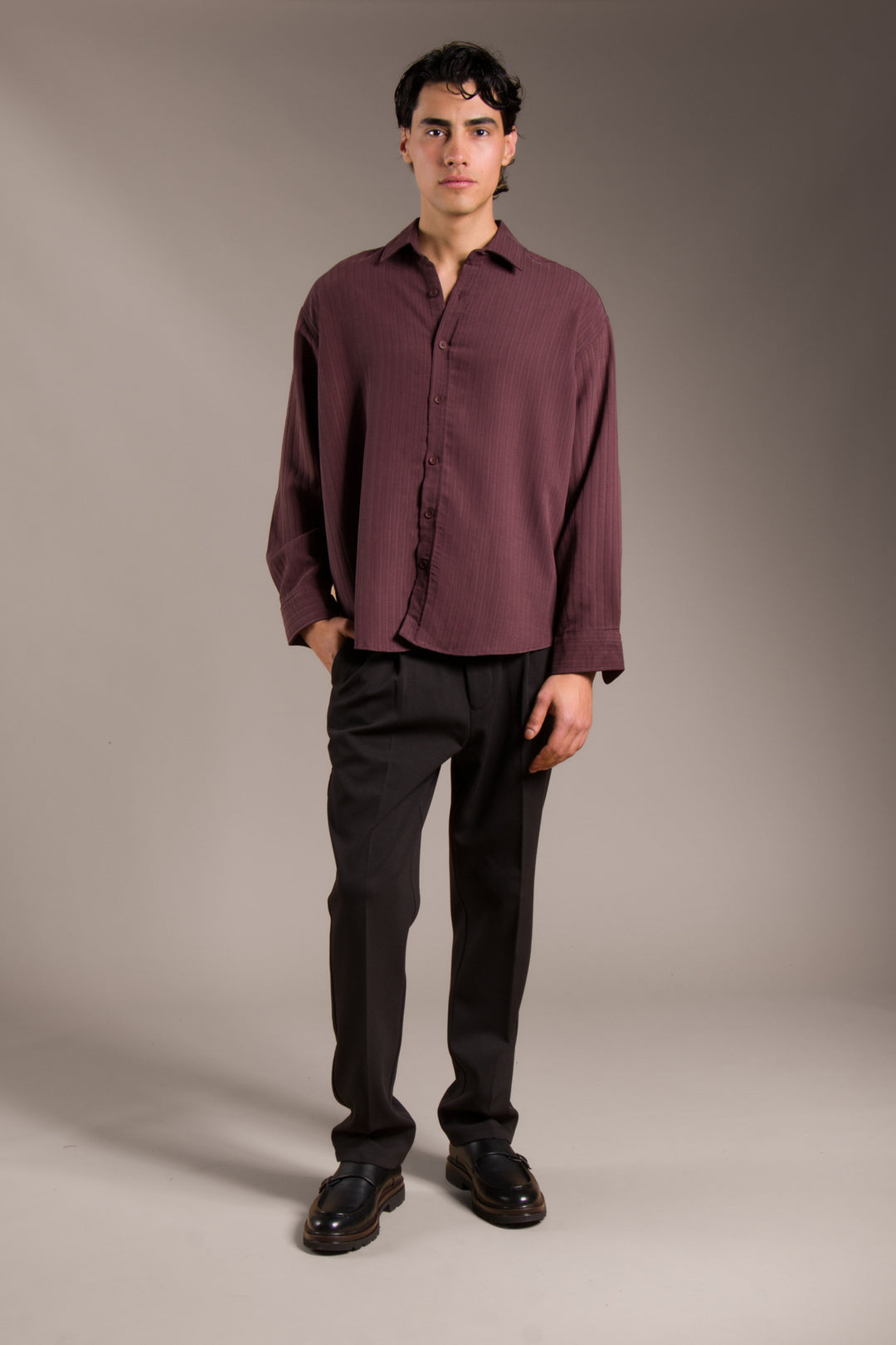 Bordo Çizgili Modal Oversize Gömlek