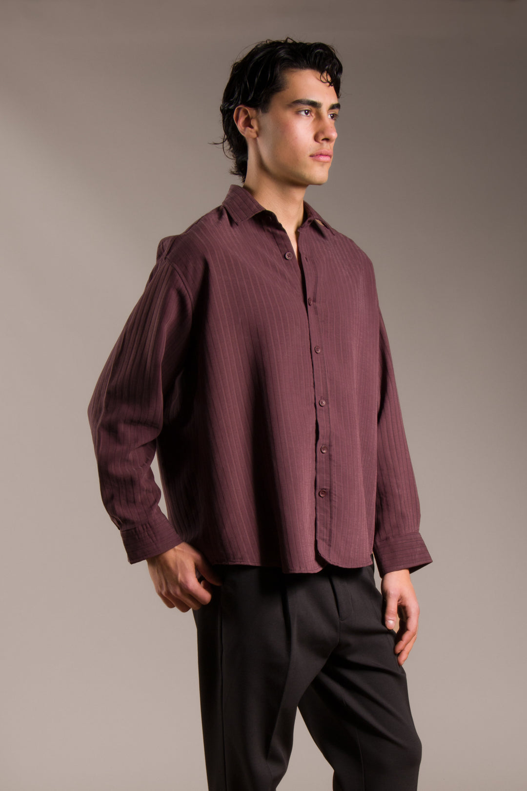 Bordo Çizgili Modal Oversize Gömlek