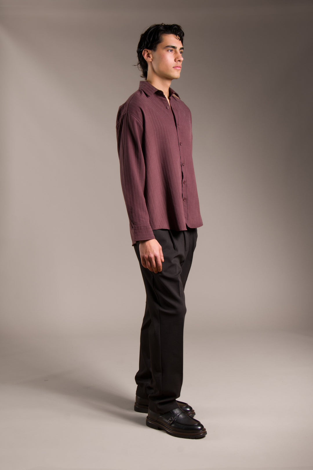 Bordo Çizgili Modal Oversize Gömlek