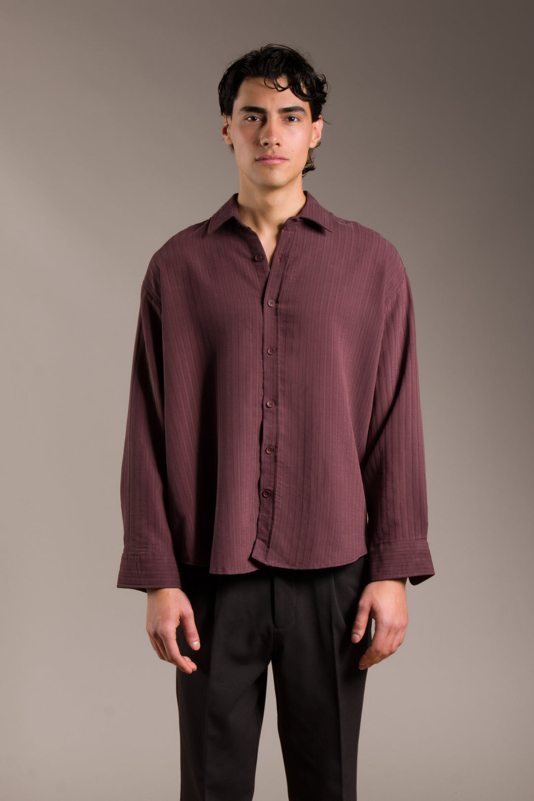 Bordo Çizgili Modal Oversize Gömlek