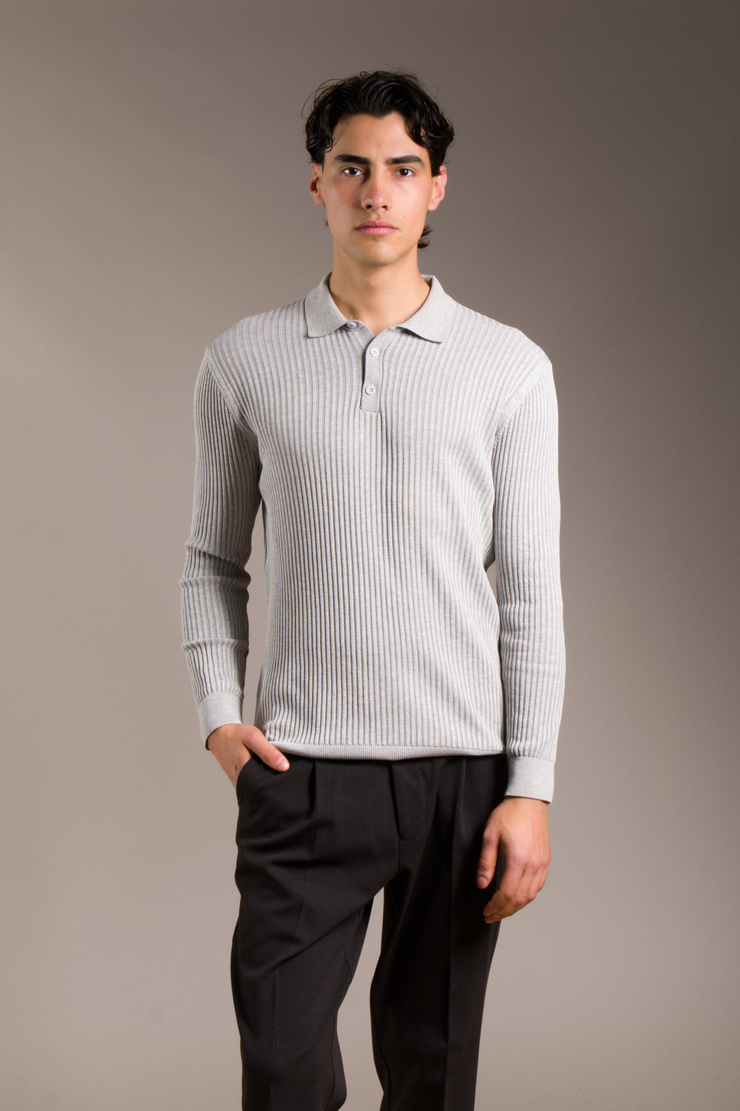 Grİ Polo Yaka Fitilli Triko