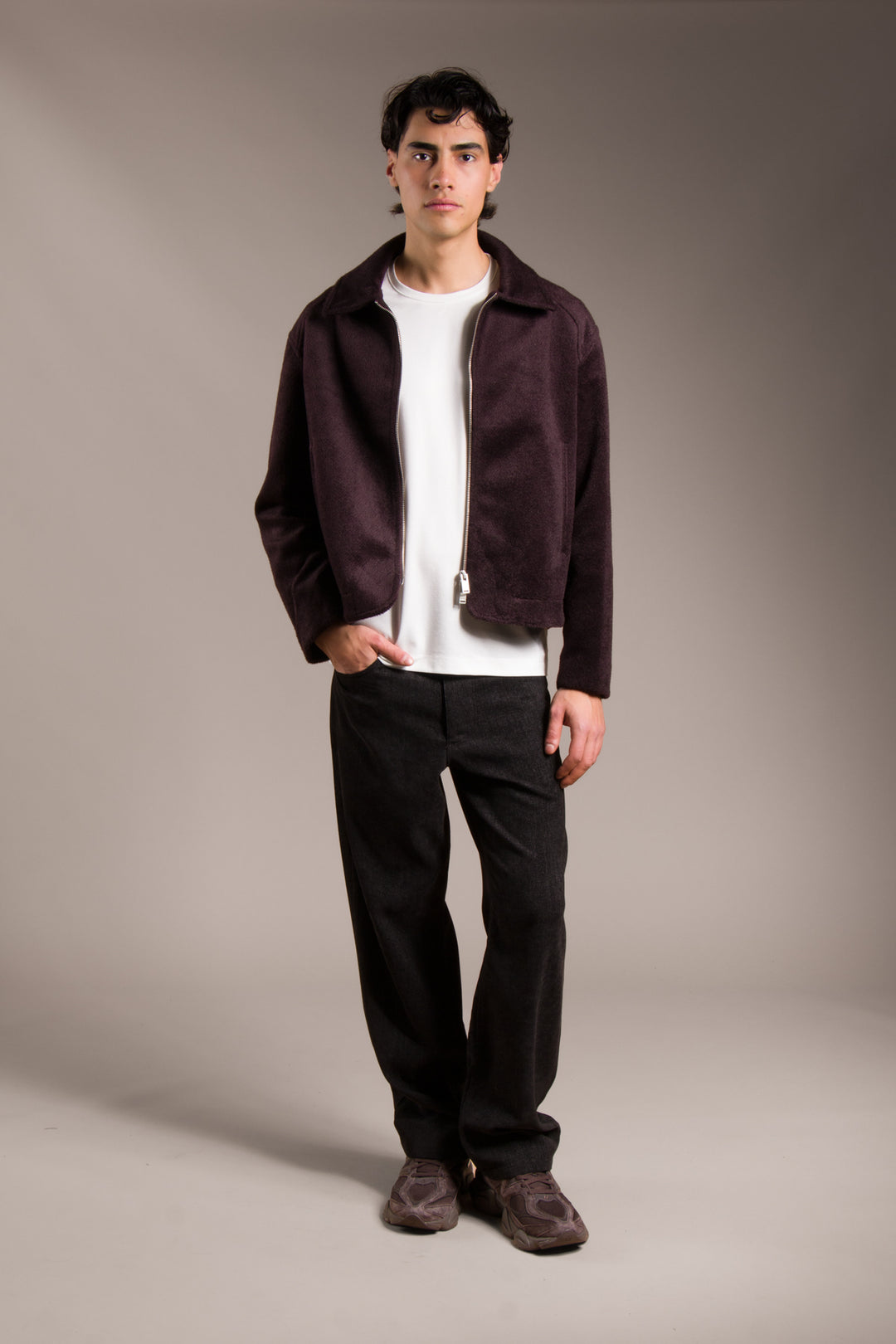 Bordo Fermuarlı Oversize Kaşe Kaban