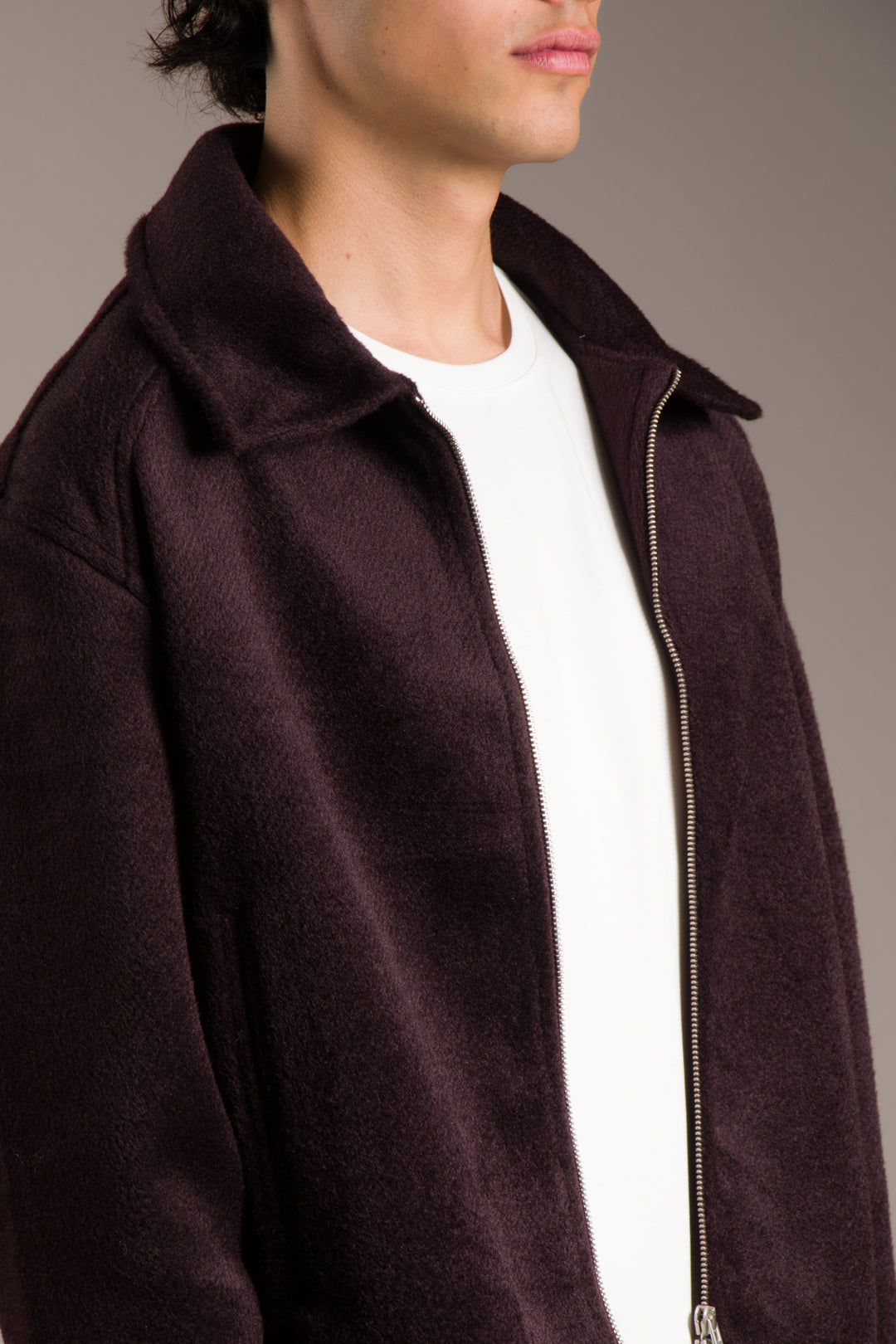 Bordo Fermuarlı Oversize Kaşe Kaban