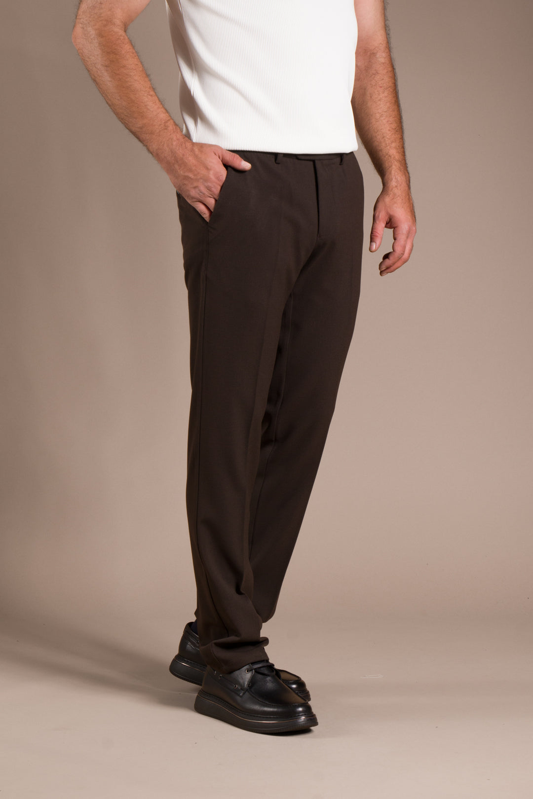 Kahve Penye Ribanalı Slim Fit Keten Pantolon