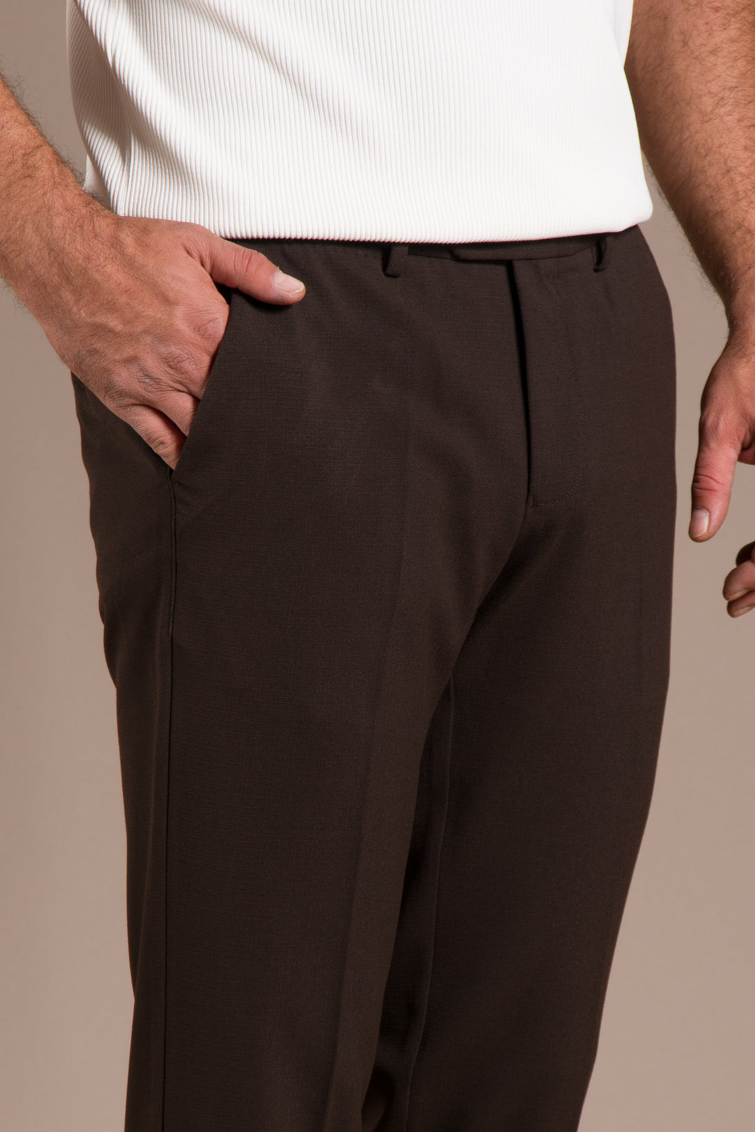 Kahve Penye Ribanalı Slim Fit Keten Pantolon