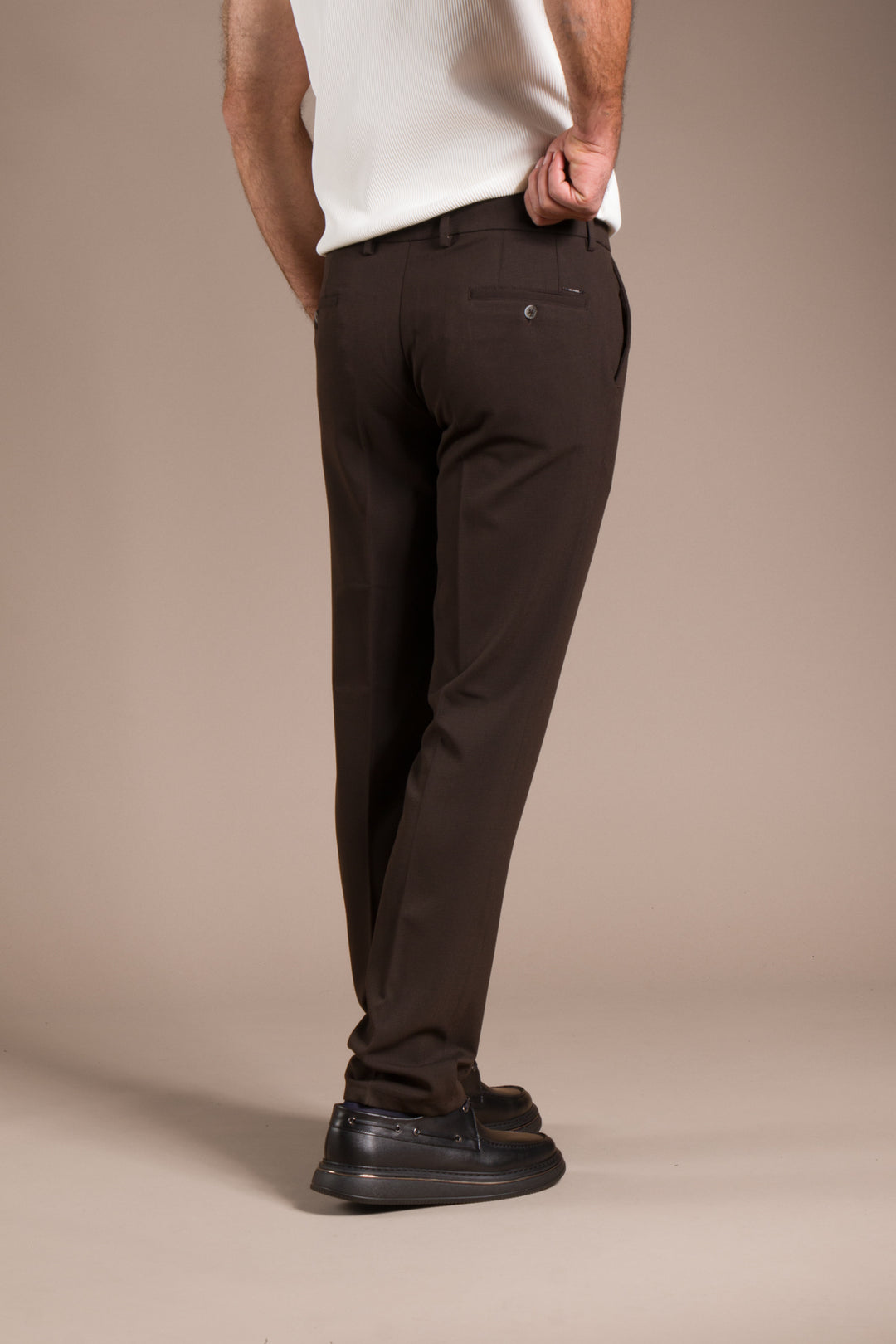 Kahve Penye Ribanalı Slim Fit Keten Pantolon