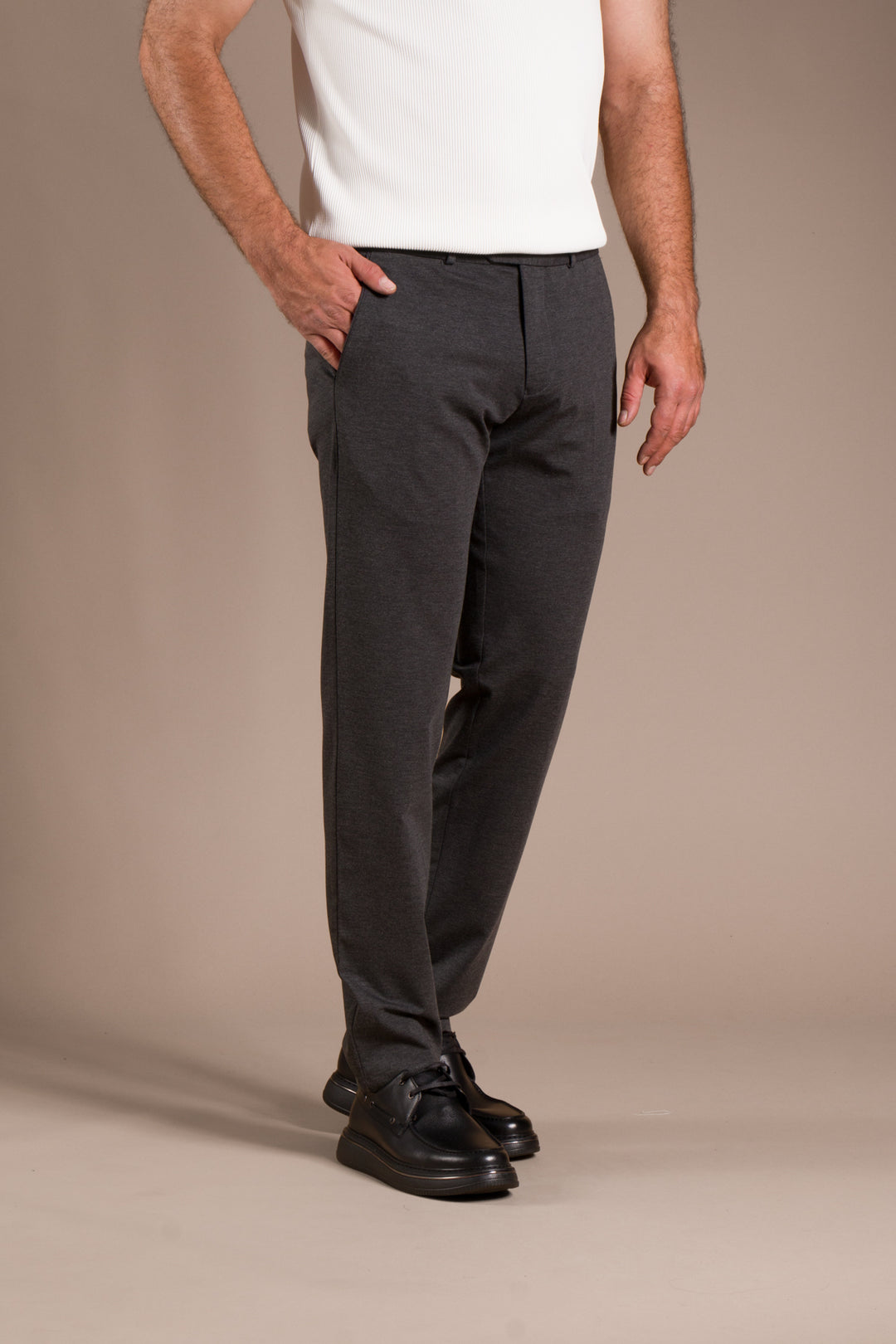Antrasit Penye Ribanalı Slim Fit Keten Pantolon