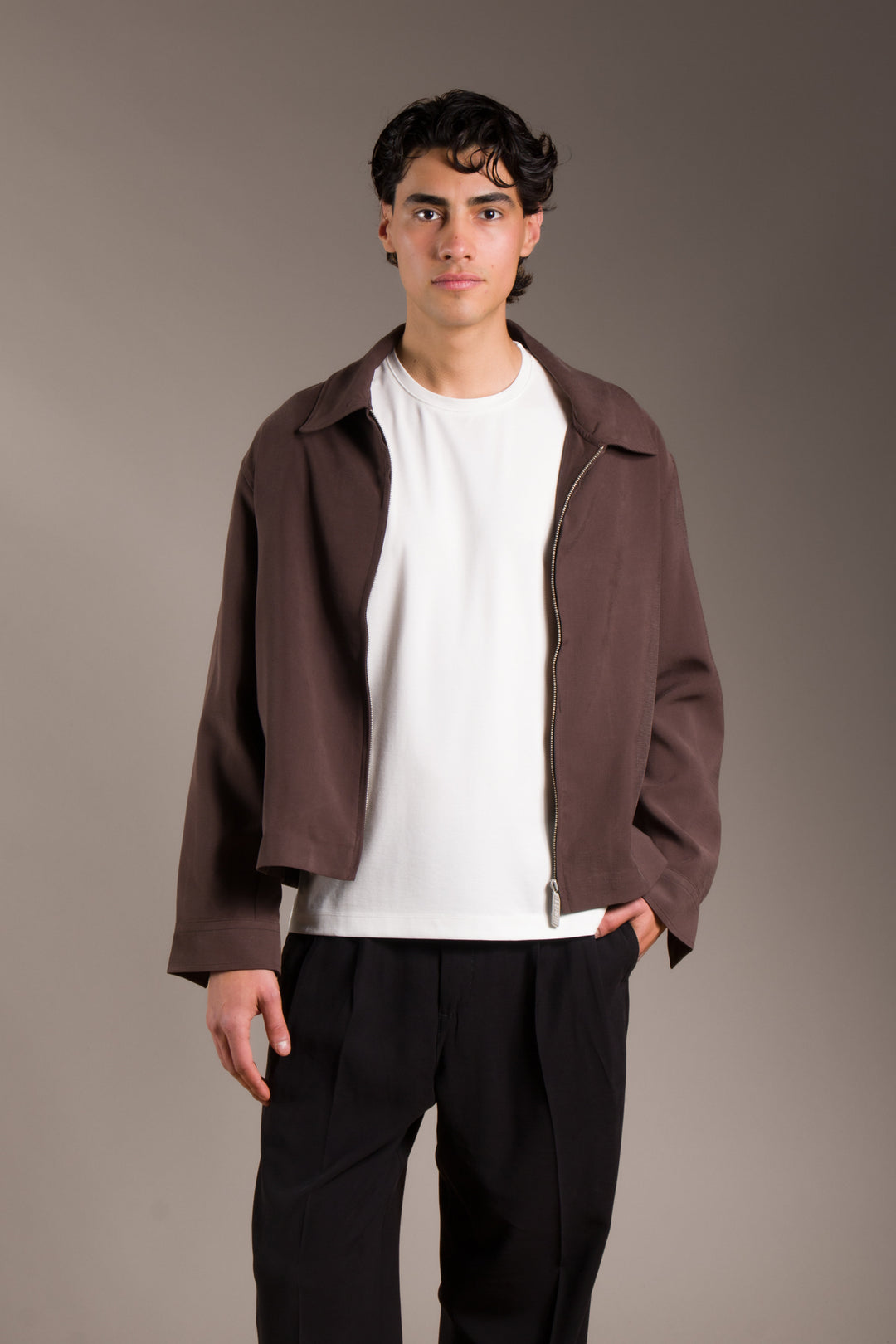 Kahve Yakalı Fermuarlı Oversize Modal İnce Ceket