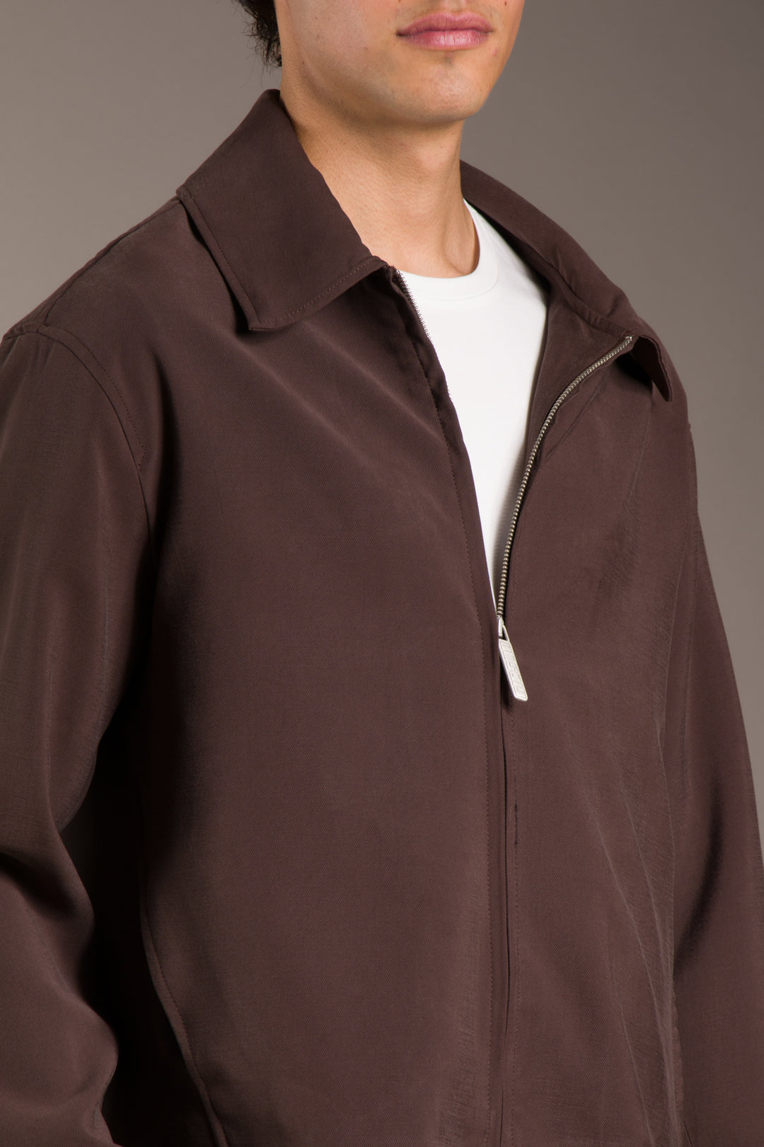 Kahve Yakalı Fermuarlı Oversize Modal İnce Ceket