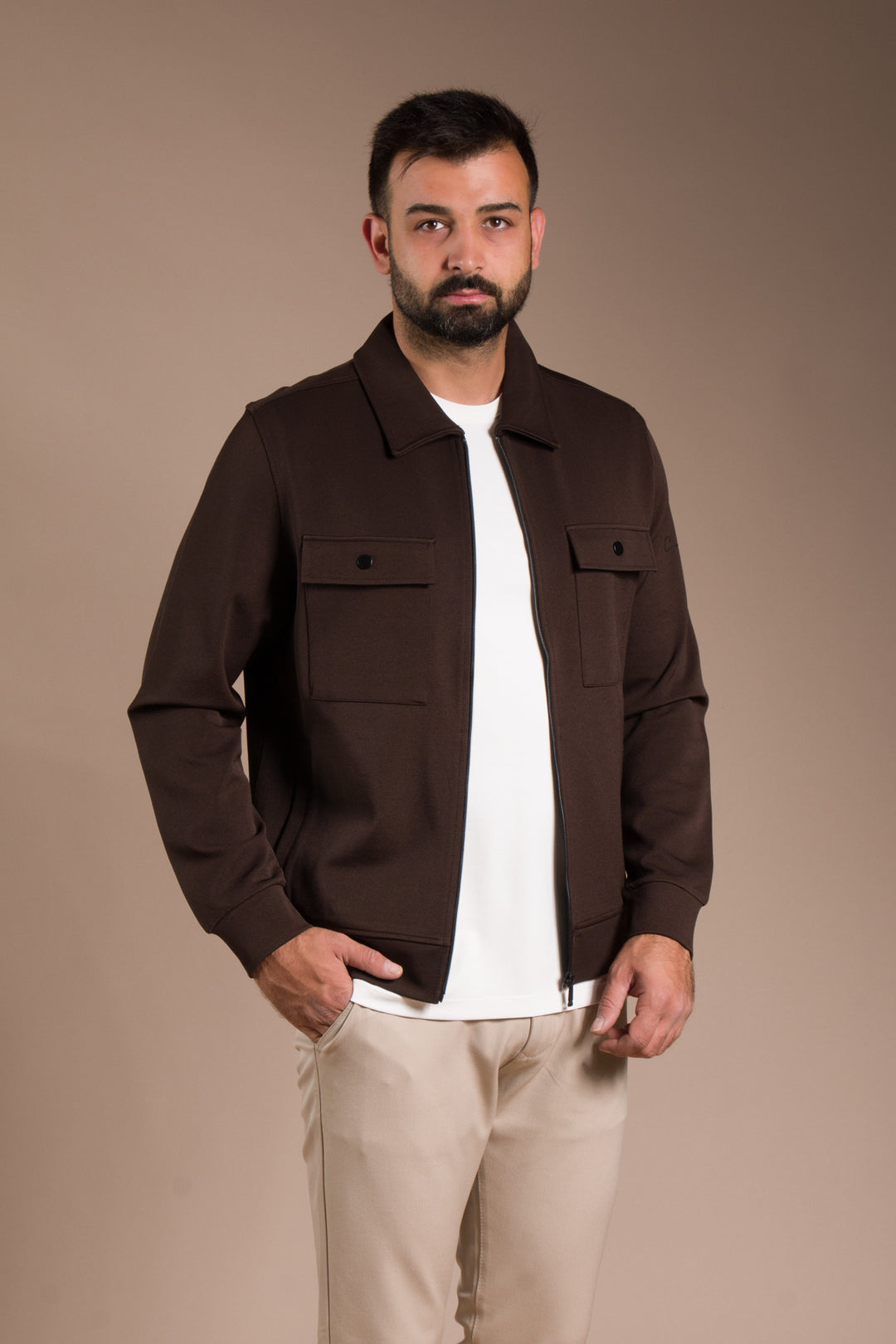 Kahve Dokulu Polo Yaka İnce Ceket