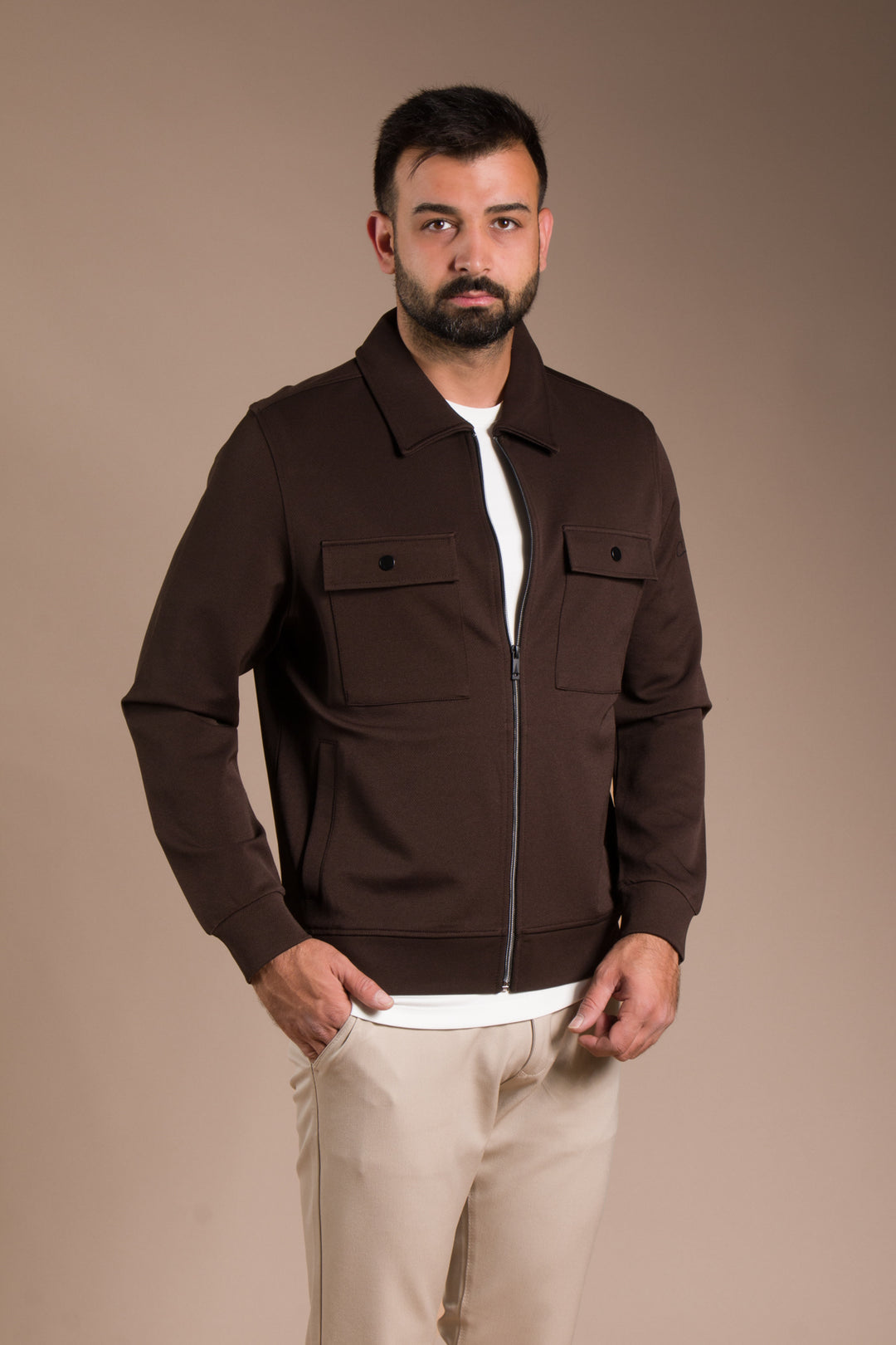 Kahve Dokulu Polo Yaka İnce Ceket
