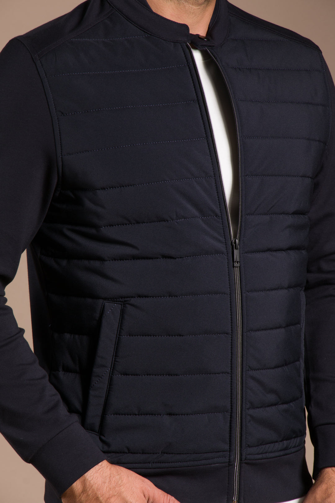 Lacivert Dik Yaka Parçalı Kapitone İnce Ceket