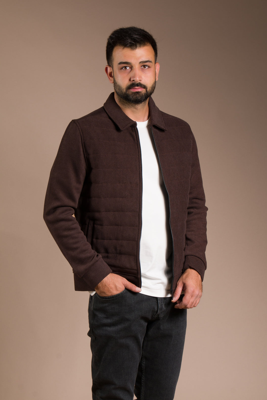 Kahve Soft Dokulu Kapitone İnce Ceket