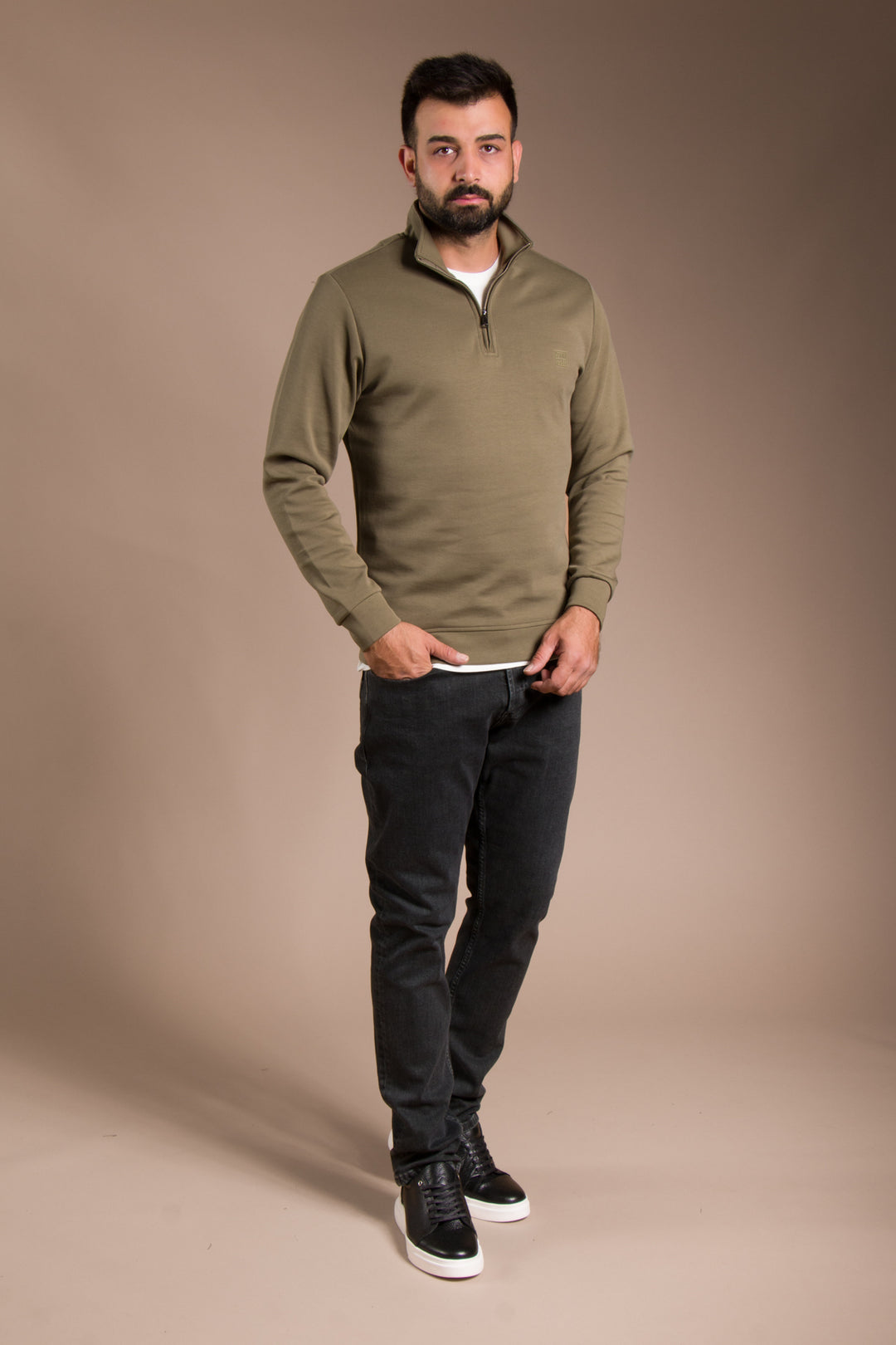 Haki Soft Yarım Fermuarlı Sweatshirt