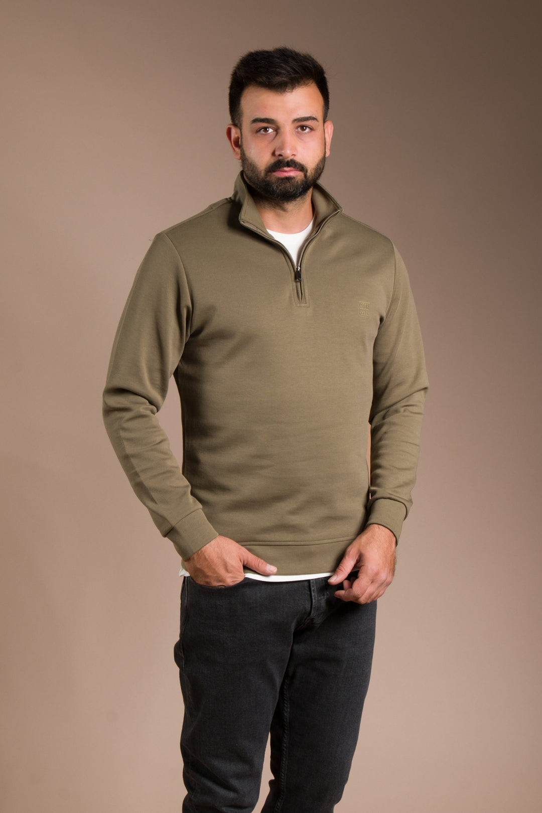 Haki Soft Yarım Fermuarlı Sweatshirt