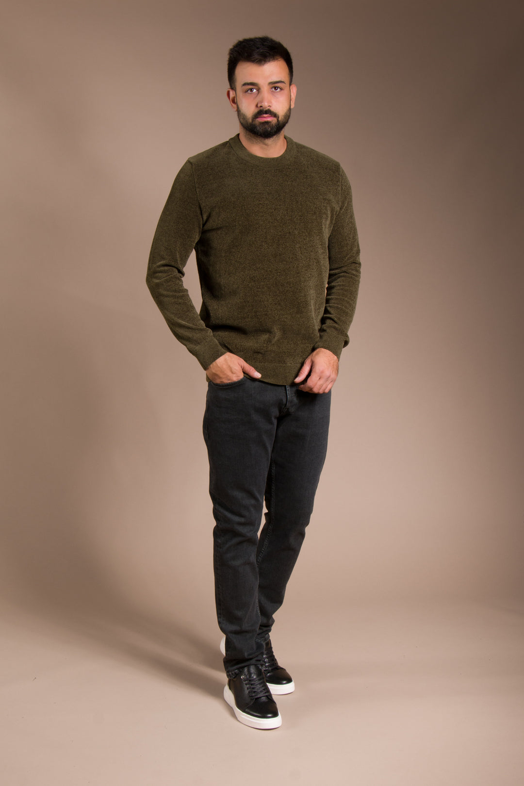Haki Basic Dokulu Şönil Sweatshirt
