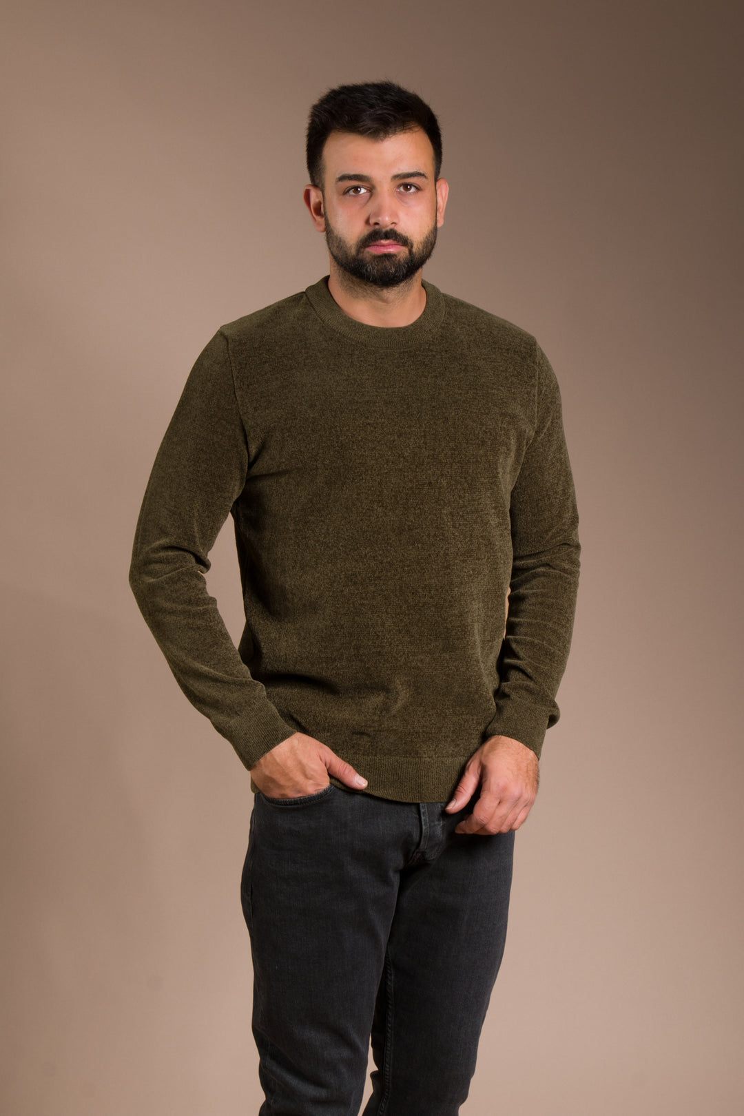 Haki Basic Dokulu Şönil Sweatshirt