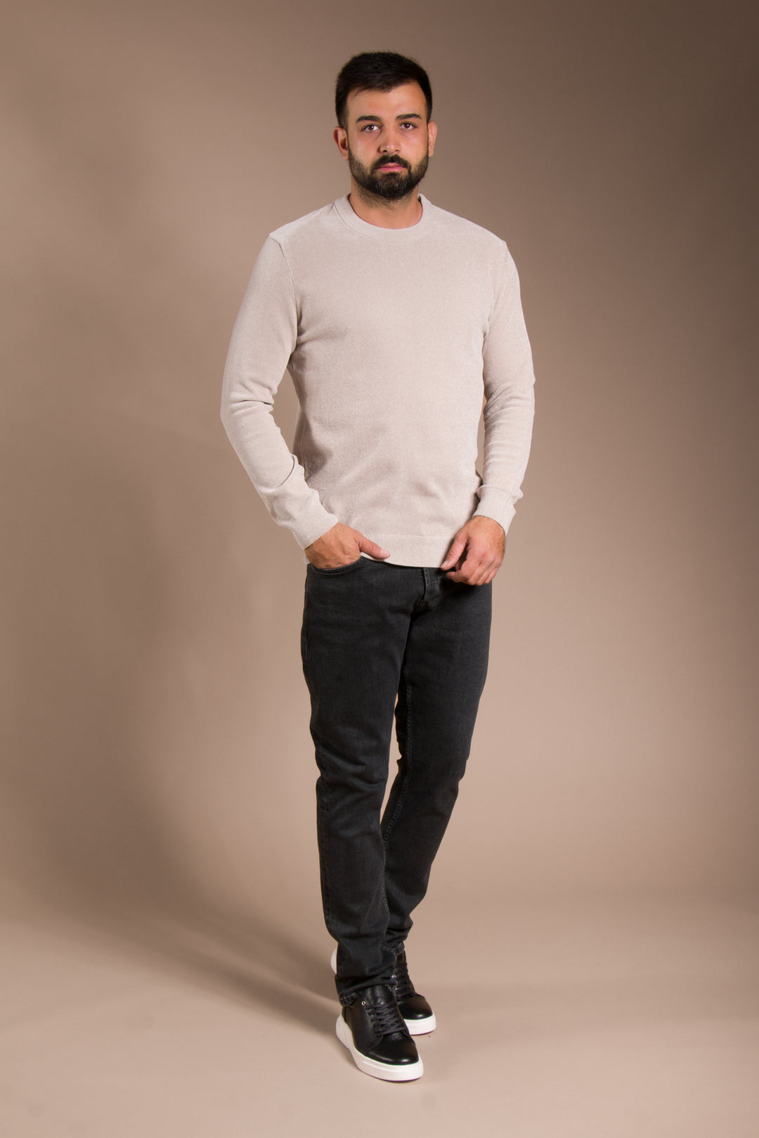 Bej Basic Dokulu Şönil Sweatshirt