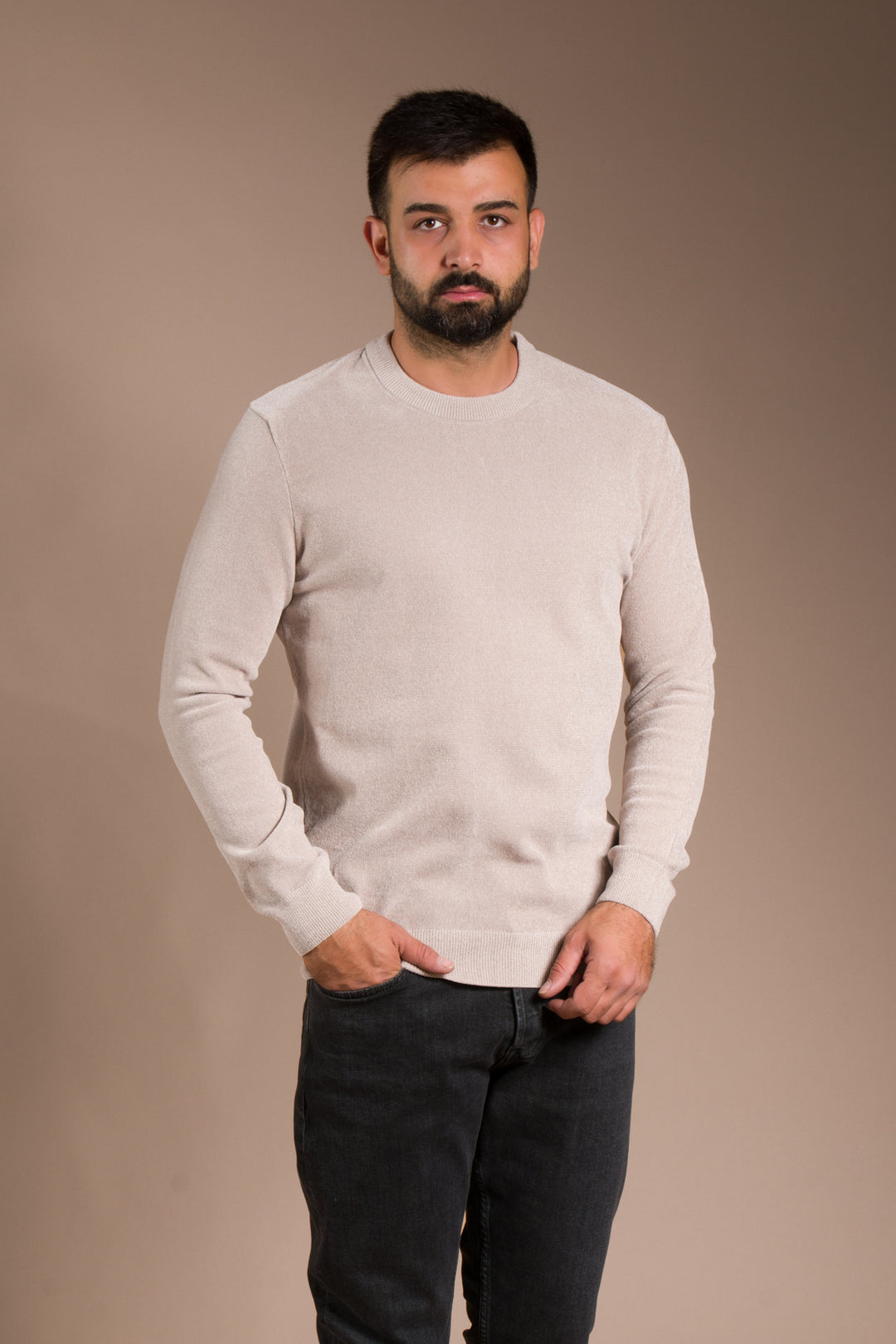 Bej Basic Dokulu Şönil Sweatshirt