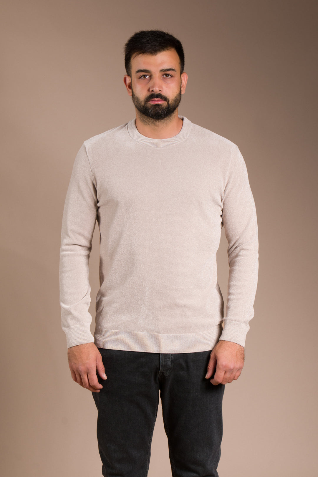 Bej Basic Dokulu Şönil Sweatshirt