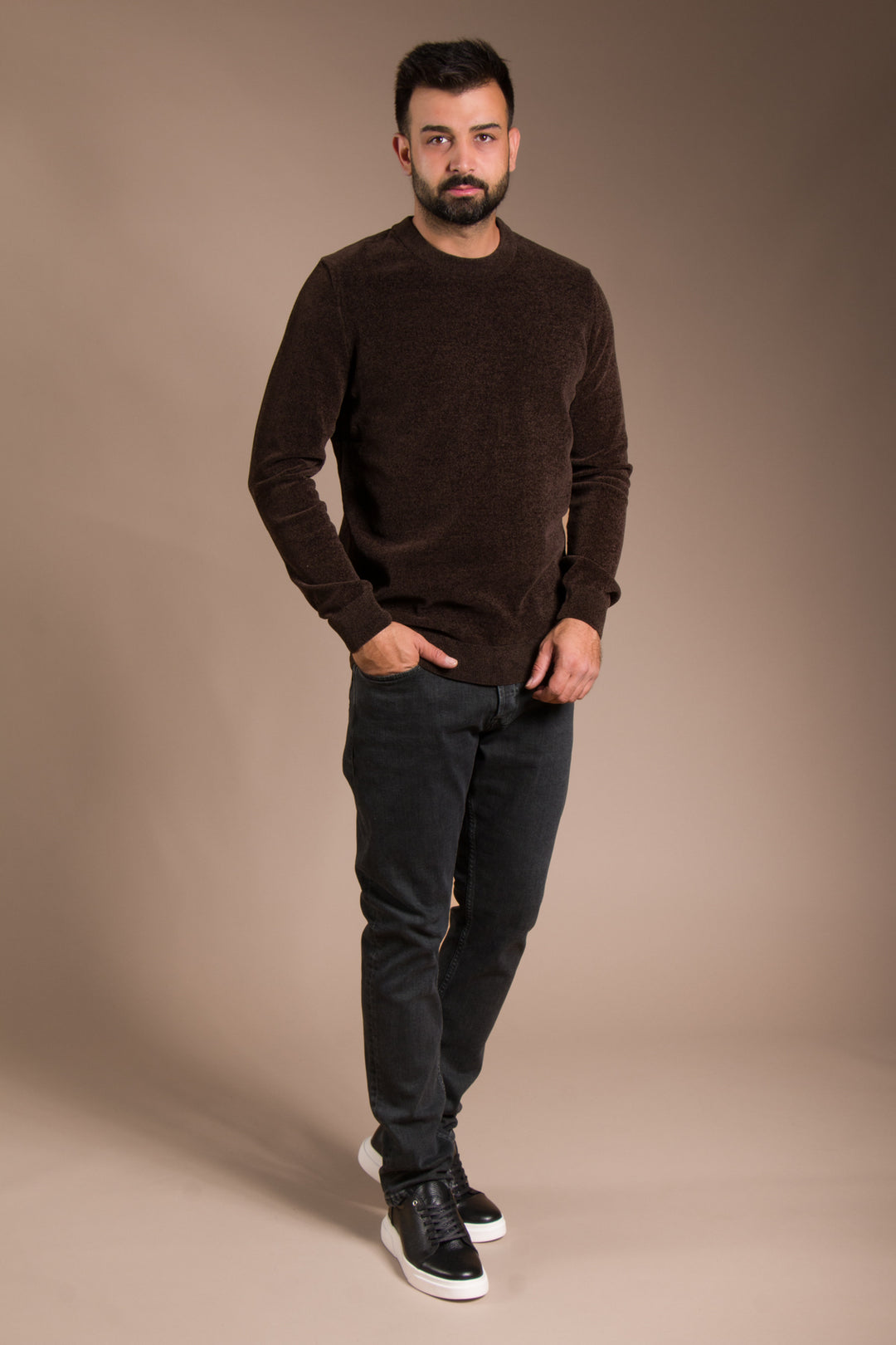Kahve Basic Dokulu Şönil Sweatshirt