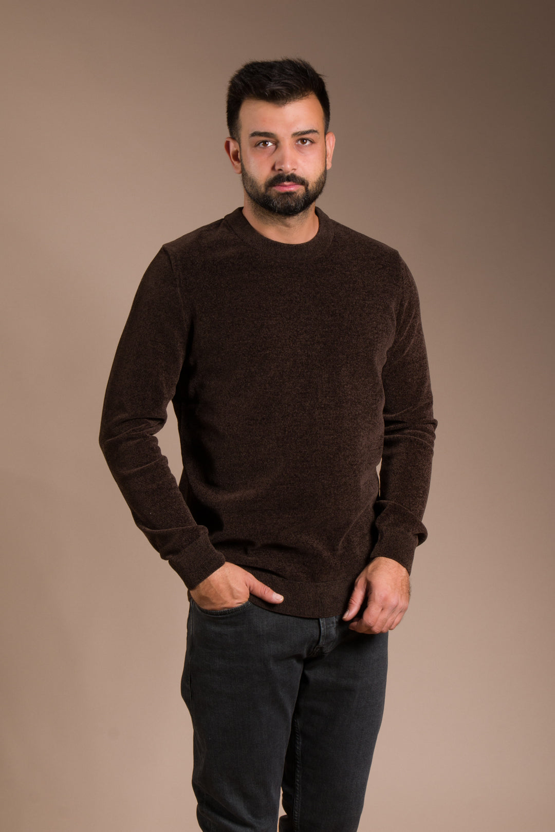 Kahve Basic Dokulu Şönil Sweatshirt