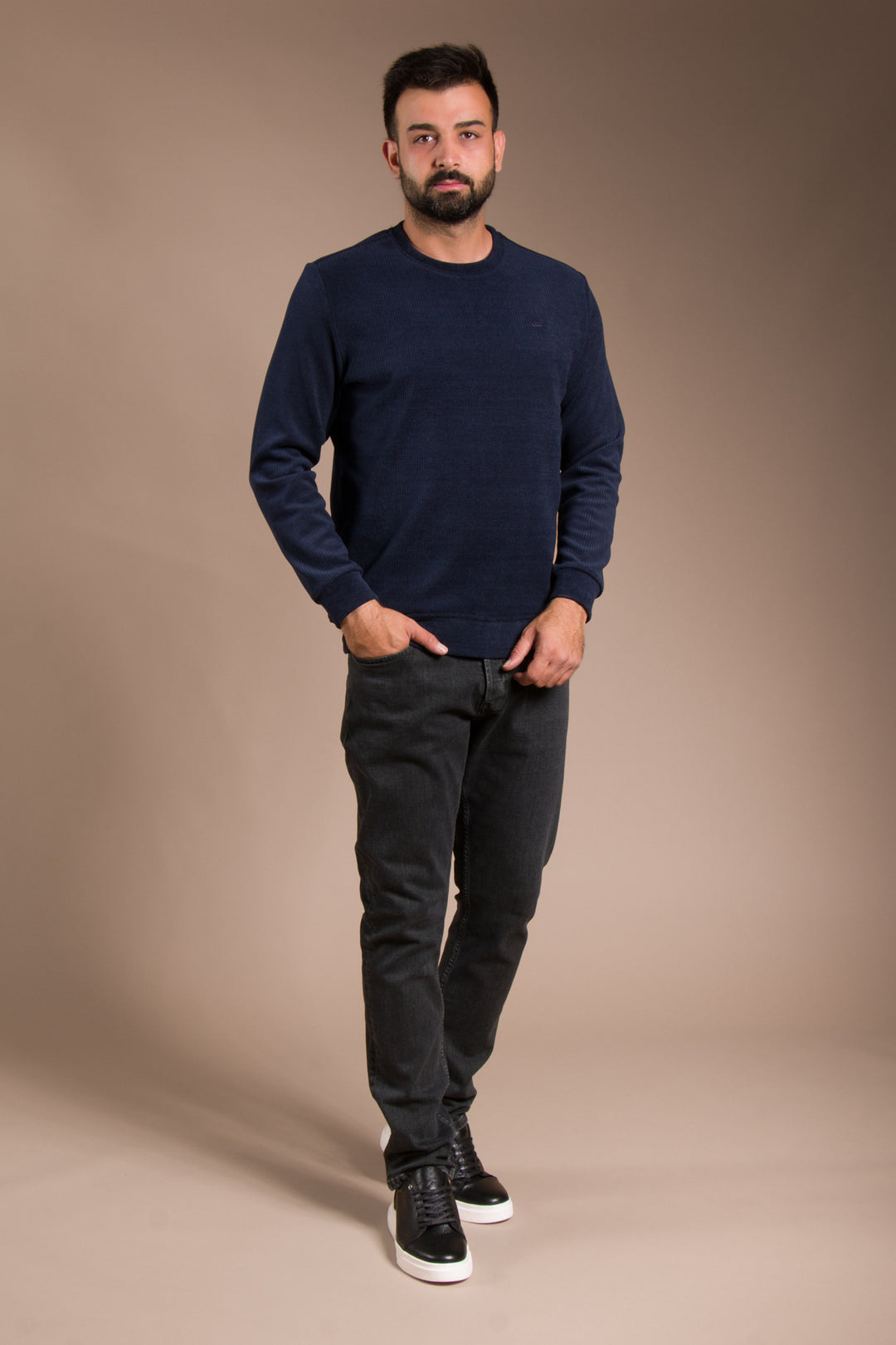 Lacivert Basic Kadife Sweatshirt