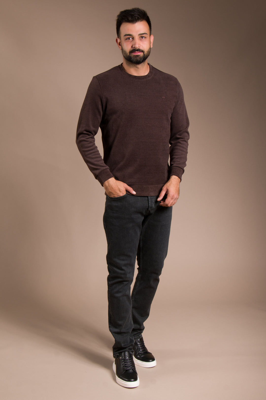 Kahve Basic Kadife Sweatshirt