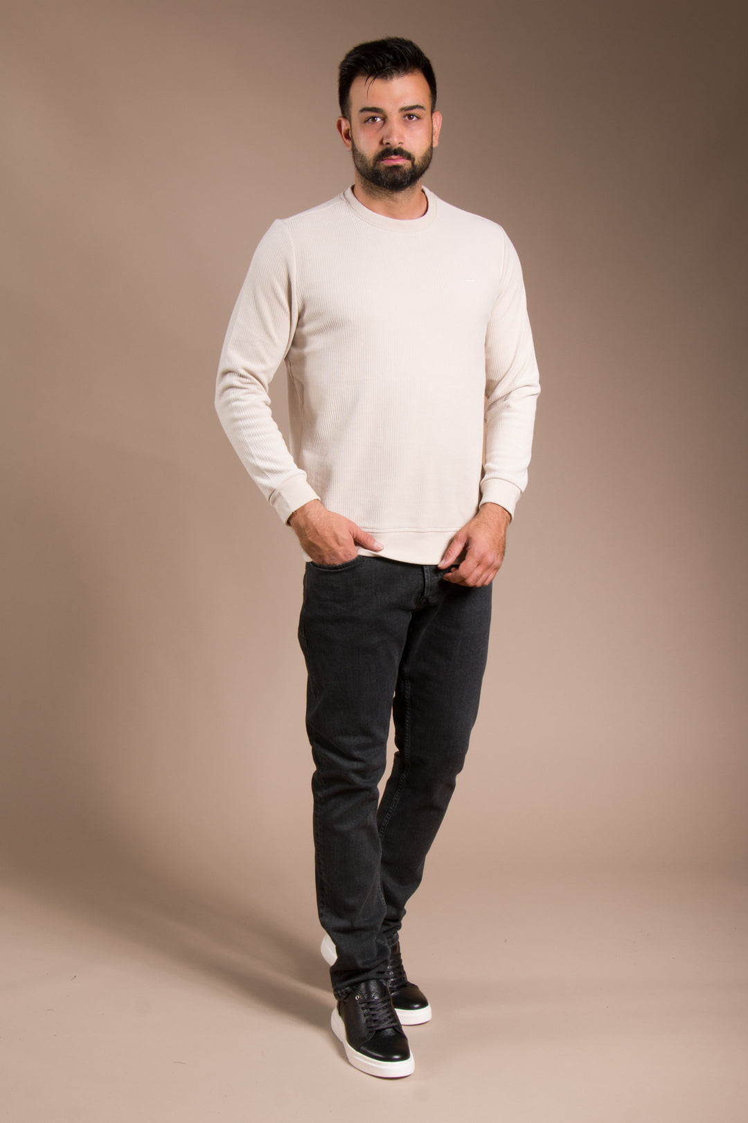 Bej Basic Kadife Sweatshirt