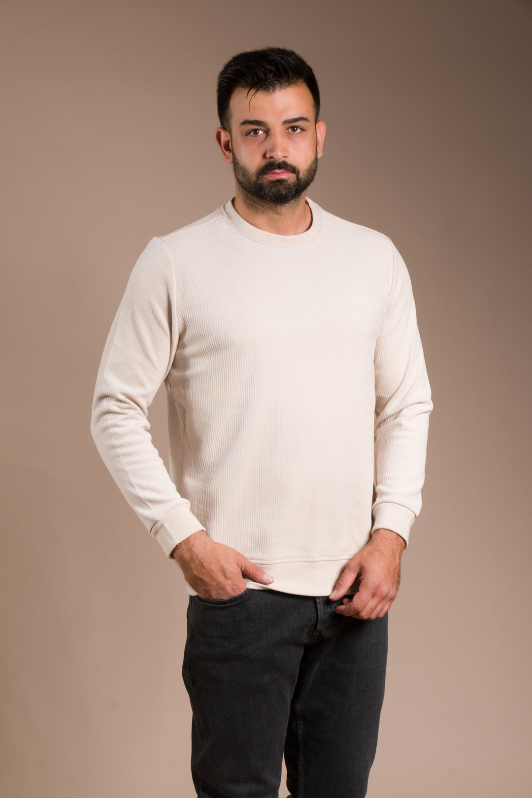 Bej Basic Kadife Sweatshirt