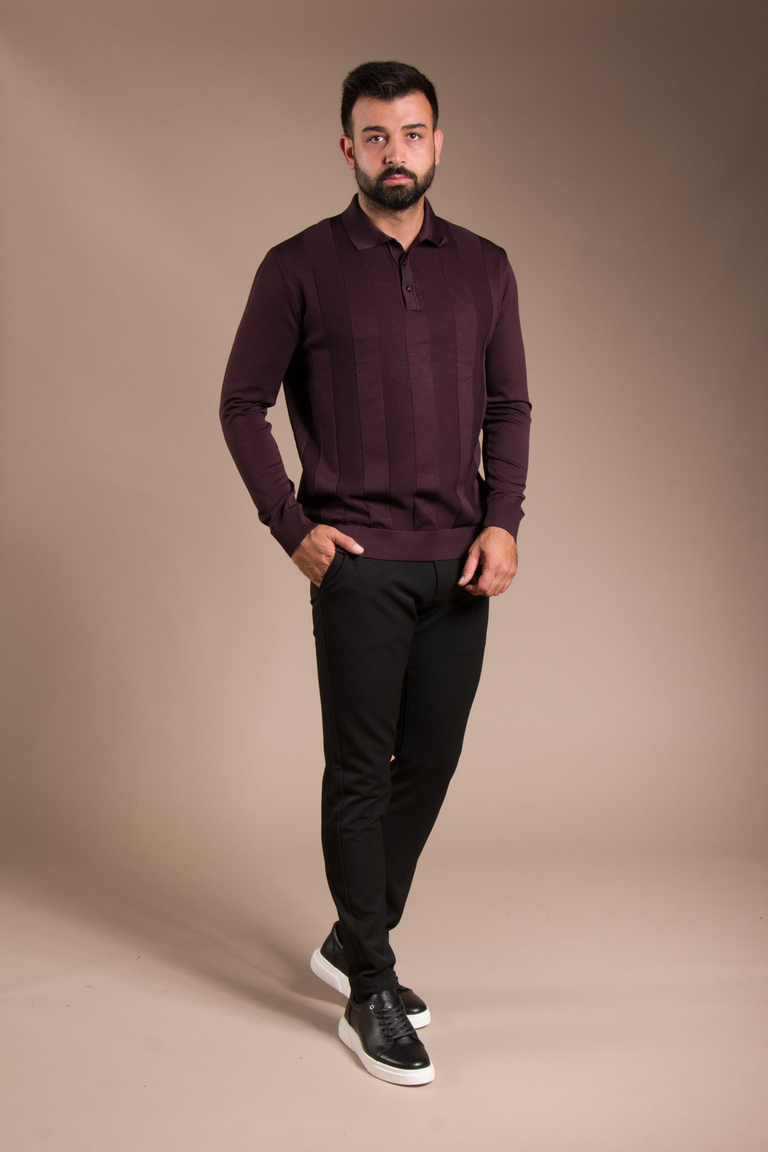 Bordo Desenli Polo Yaka Triko Kazak