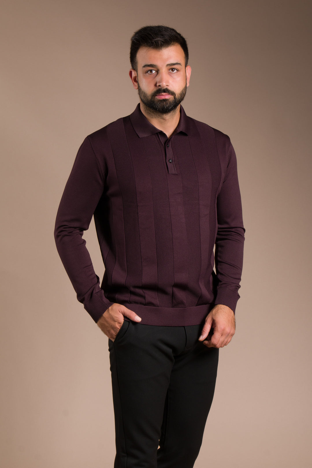 Bordo Desenli Polo Yaka Triko Kazak