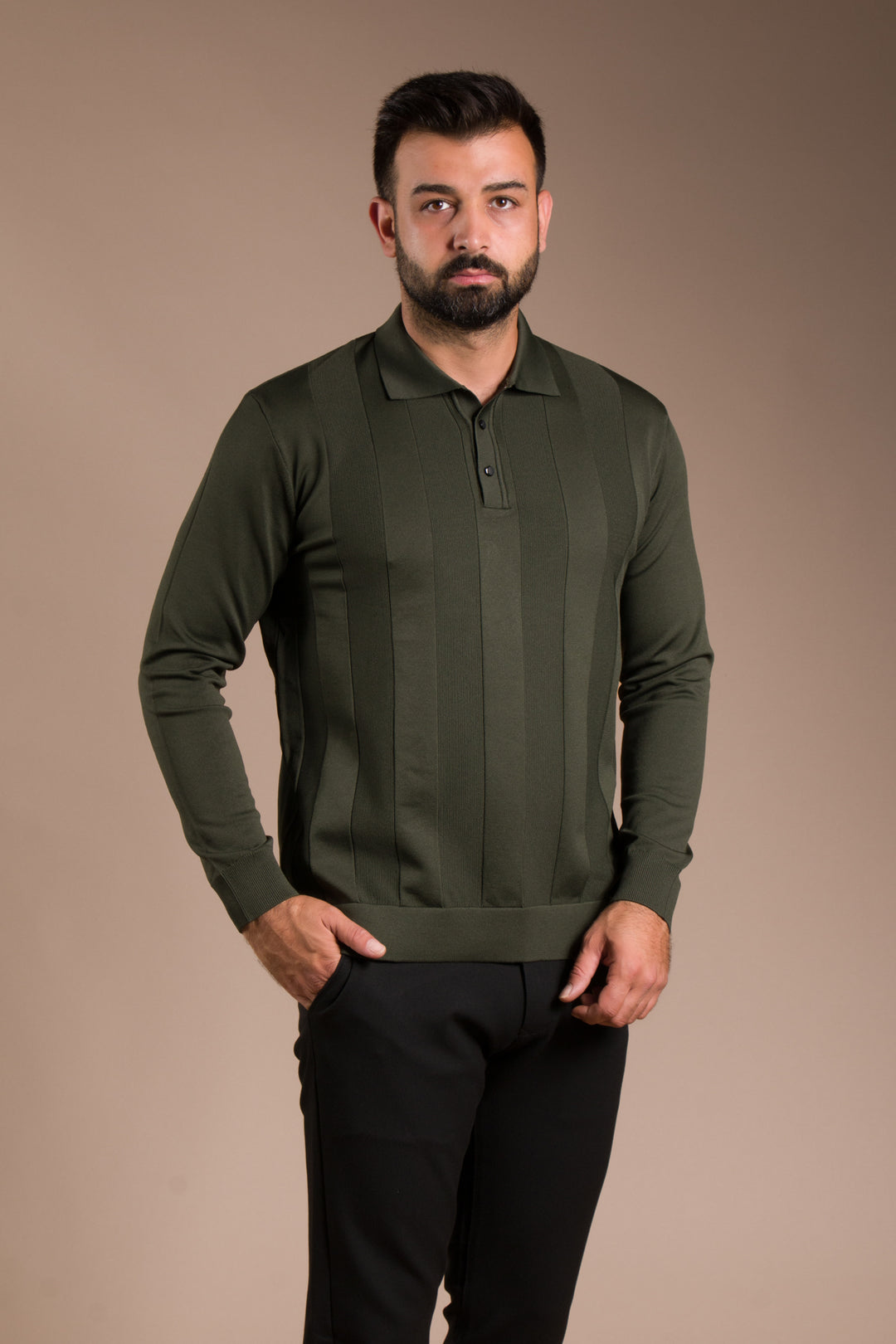 Haki Desenli Polo Yaka Triko Kazak