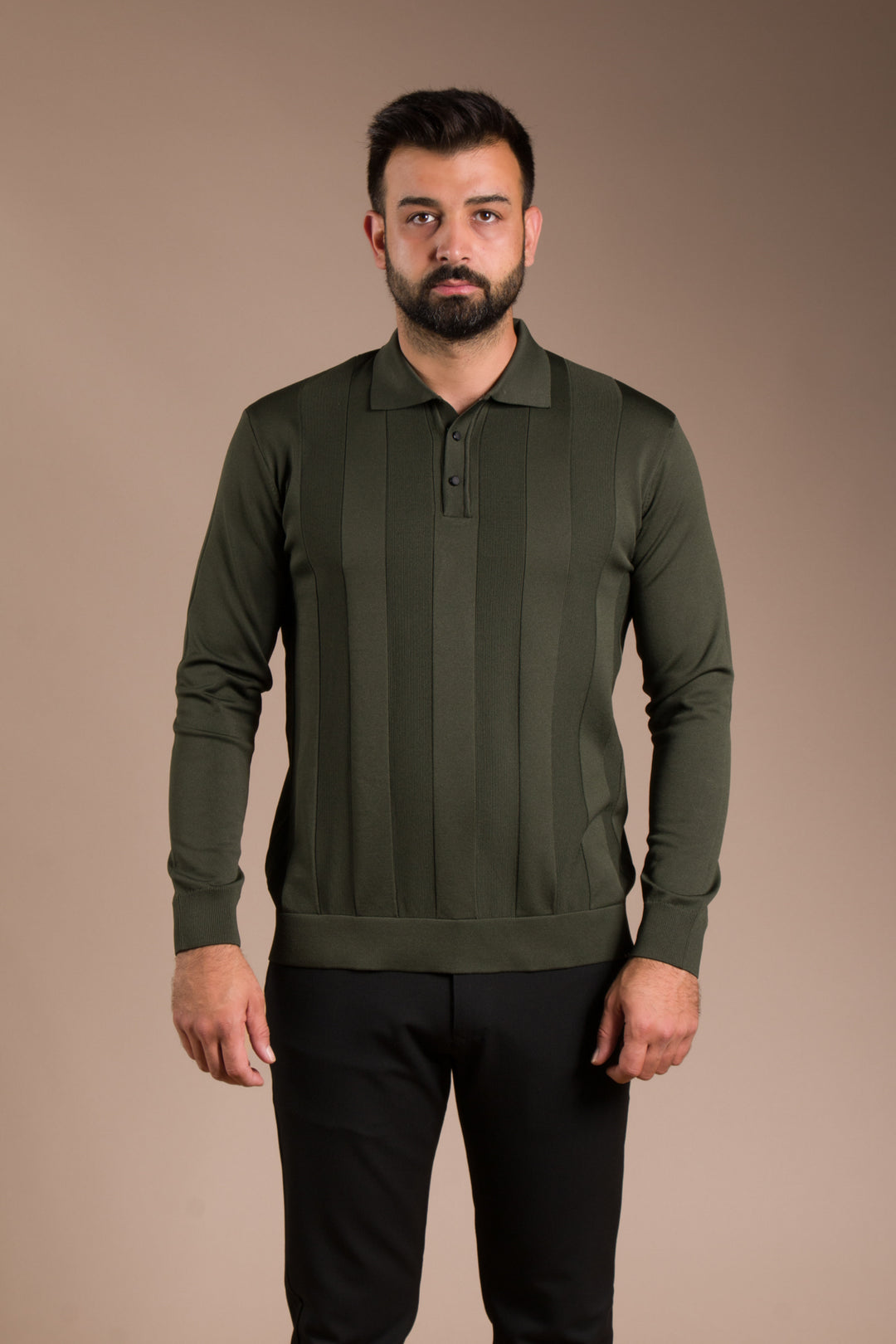 Haki Desenli Polo Yaka Triko Kazak