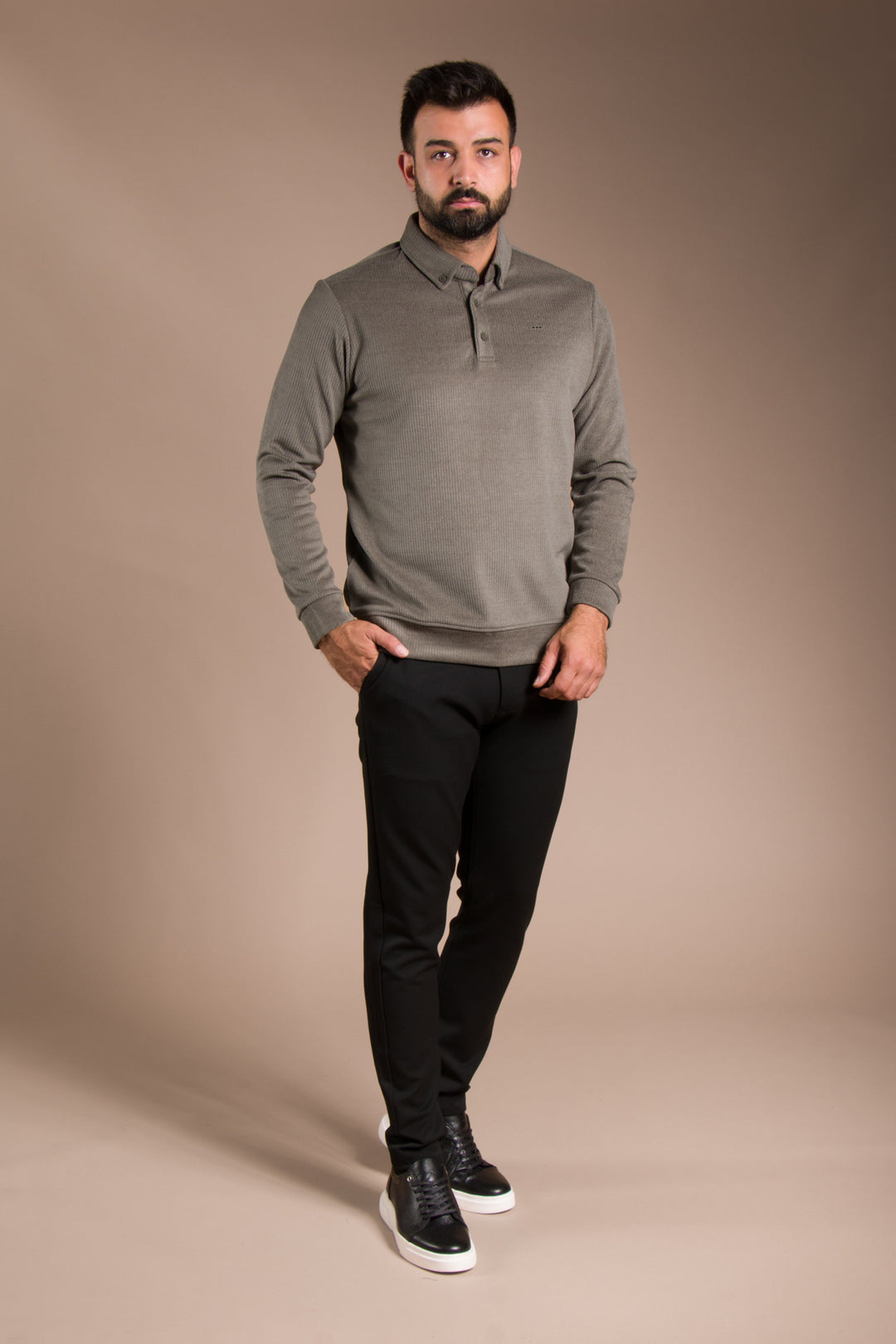 Haki Polo Yaka Kadife Sweatshirt