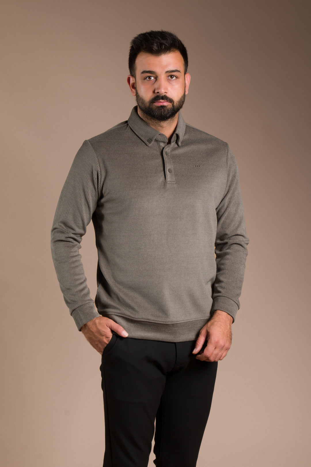 Haki Polo Yaka Kadife Sweatshirt