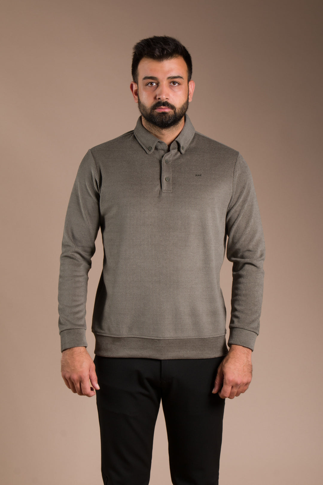 Haki Polo Yaka Kadife Sweatshirt