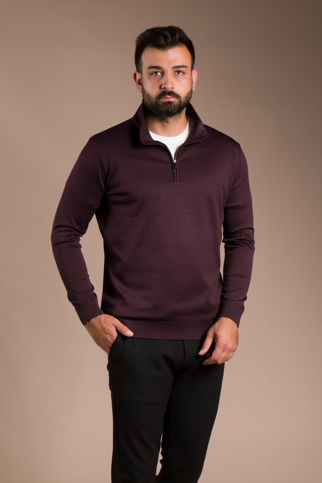 Bordo Yarım Fermuarlı Basic Triko Kazak
