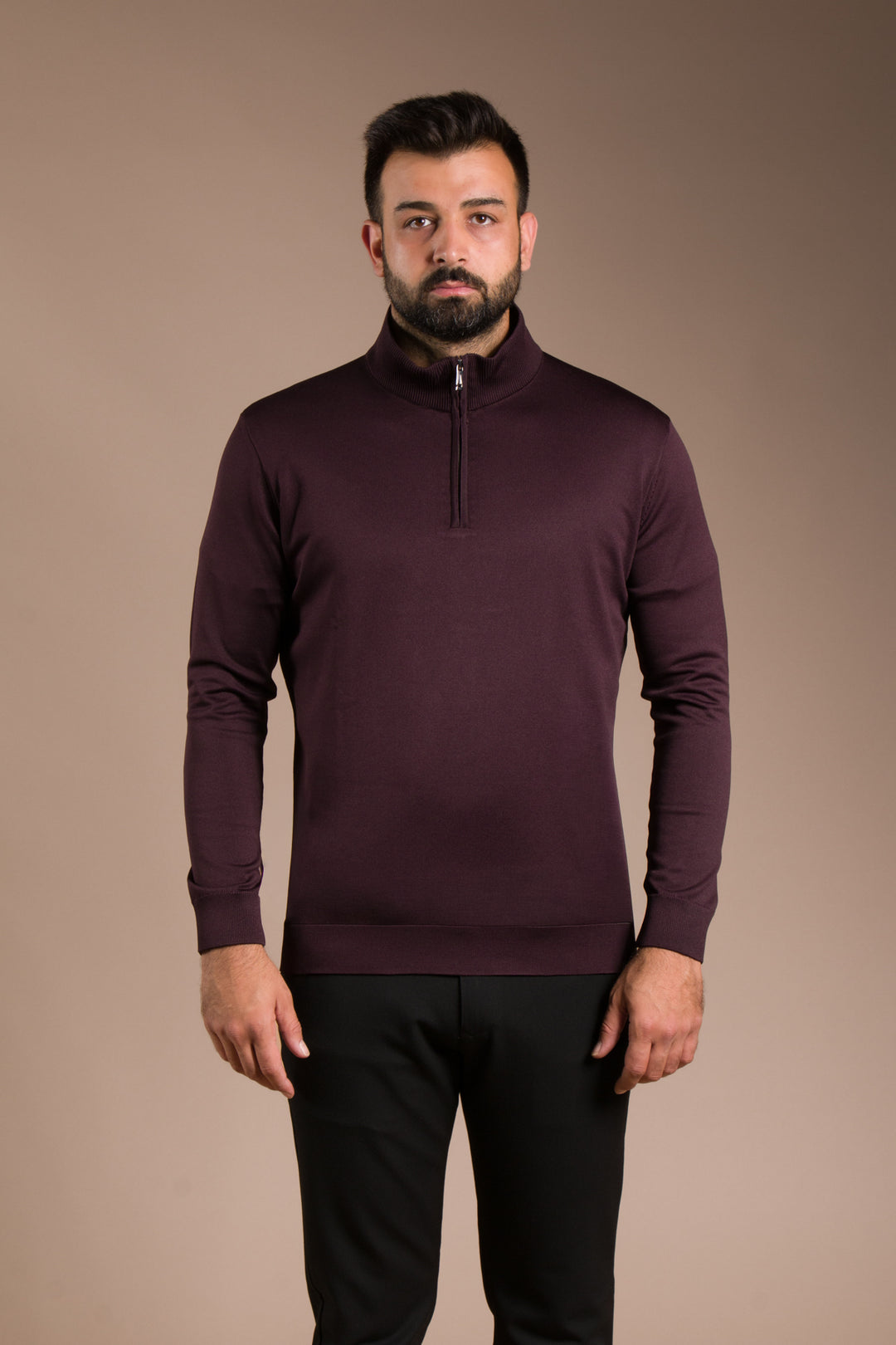 Bordo Yarım Fermuarlı Basic Triko Kazak