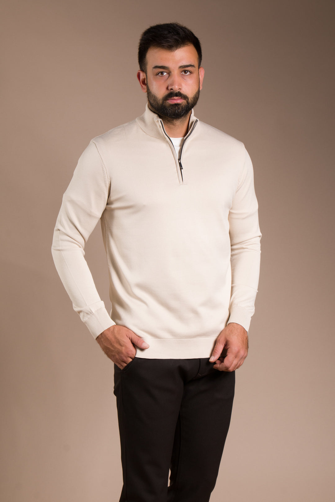 Bej Yarım Fermuarlı Basic Triko Kazak
