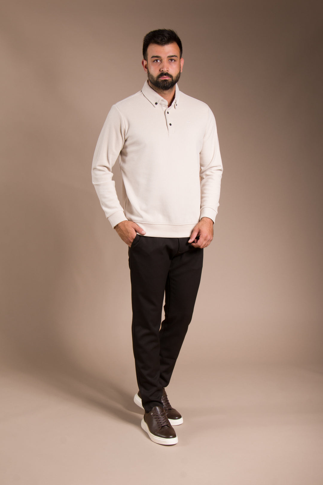 Bej Polo Yaka Kadife Sweatshirt