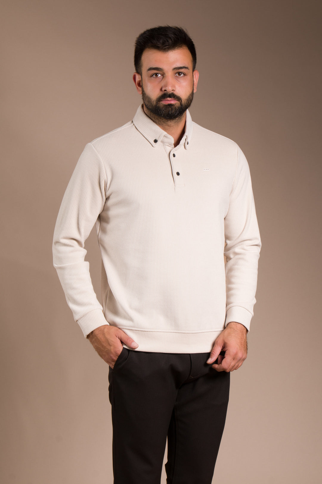 Bej Polo Yaka Kadife Sweatshirt