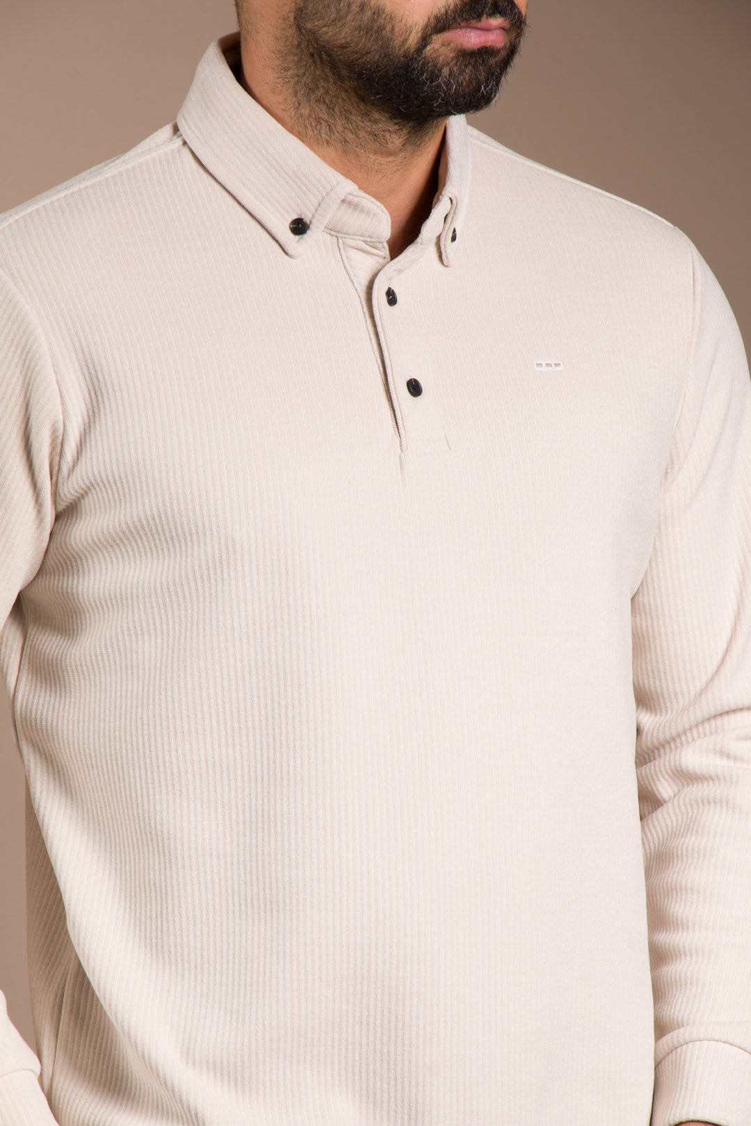 Bej Polo Yaka Kadife Sweatshirt