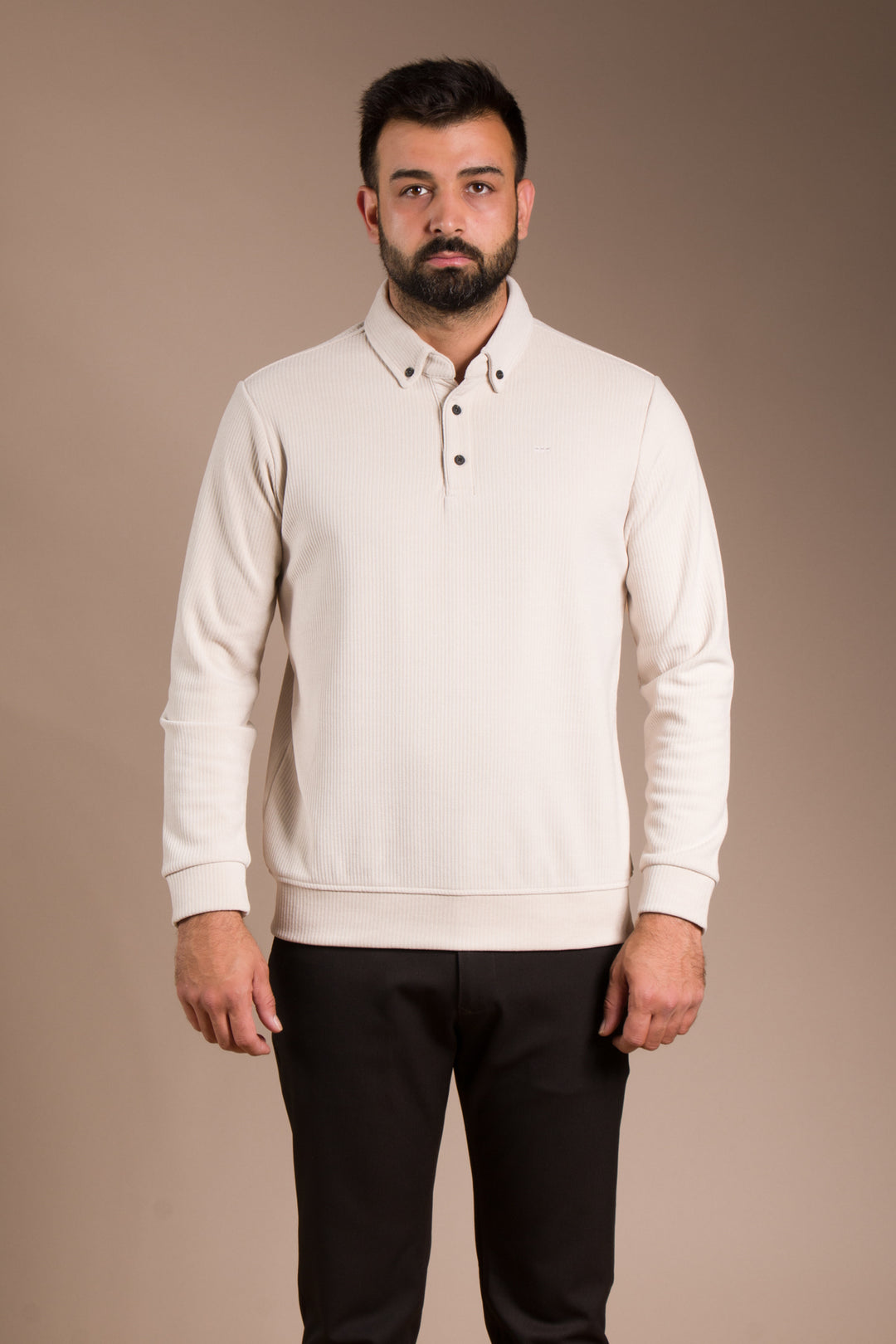 Bej Polo Yaka Kadife Sweatshirt