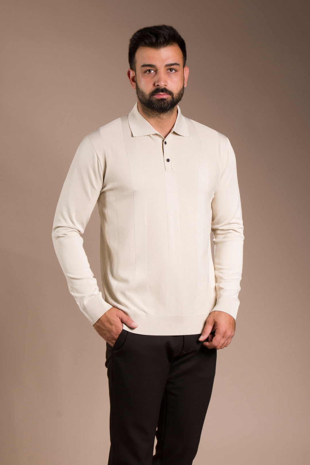 Bej Desenli Polo Yaka Triko Kazak
